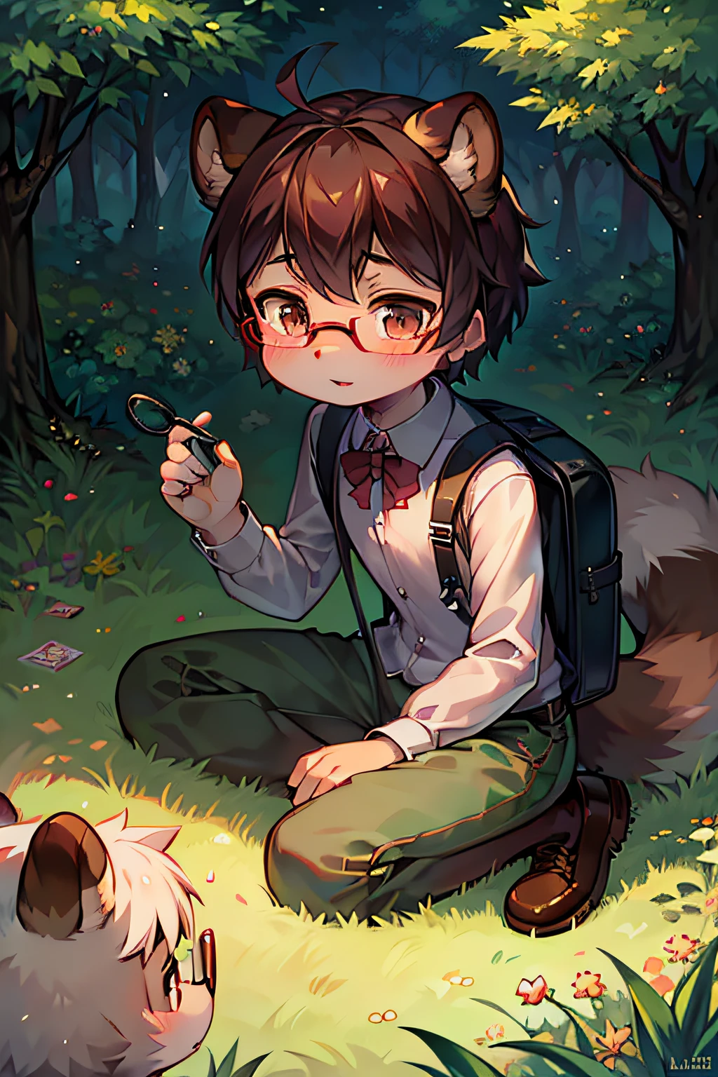 Tanuki,grassy fields,ln the forest,the trees,organism,Small animals,eye glass,backpacks,Sourcebook,magnifying glass,Observations
