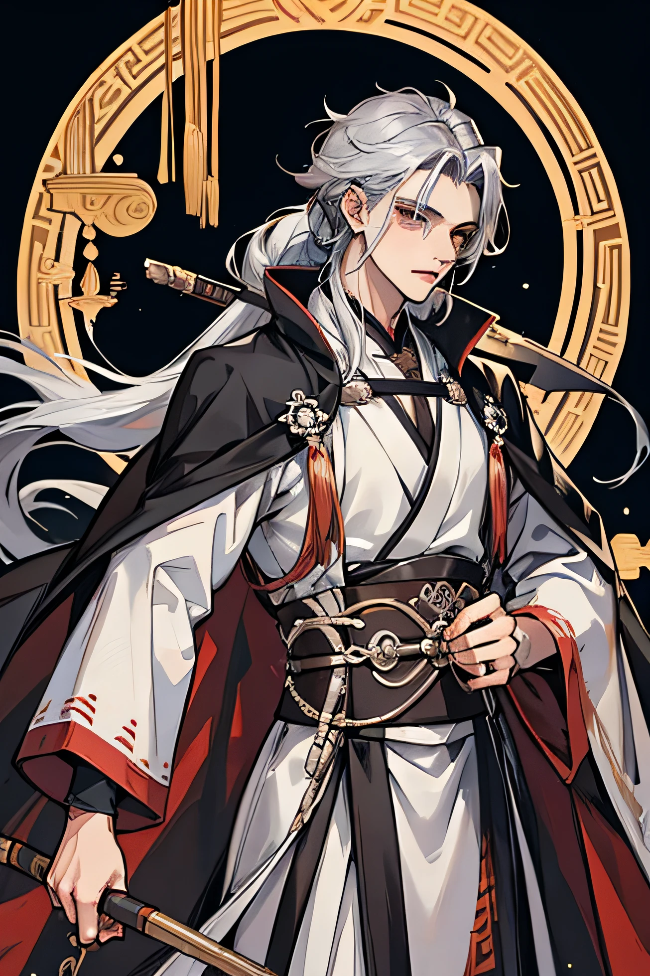1 boy, silver hair, long hair, black cape, archery, hanfu, hold the chest,tiger ear