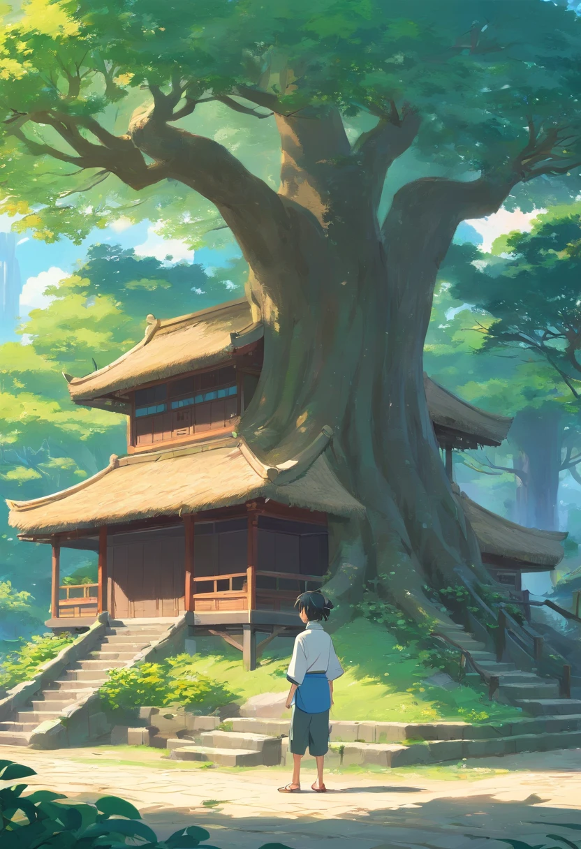 Chinese courtyard,There is a thatched hut,An old man stands in front of a large tree with a hoe in hand。outstanding,full bodyesbian,The full picture。