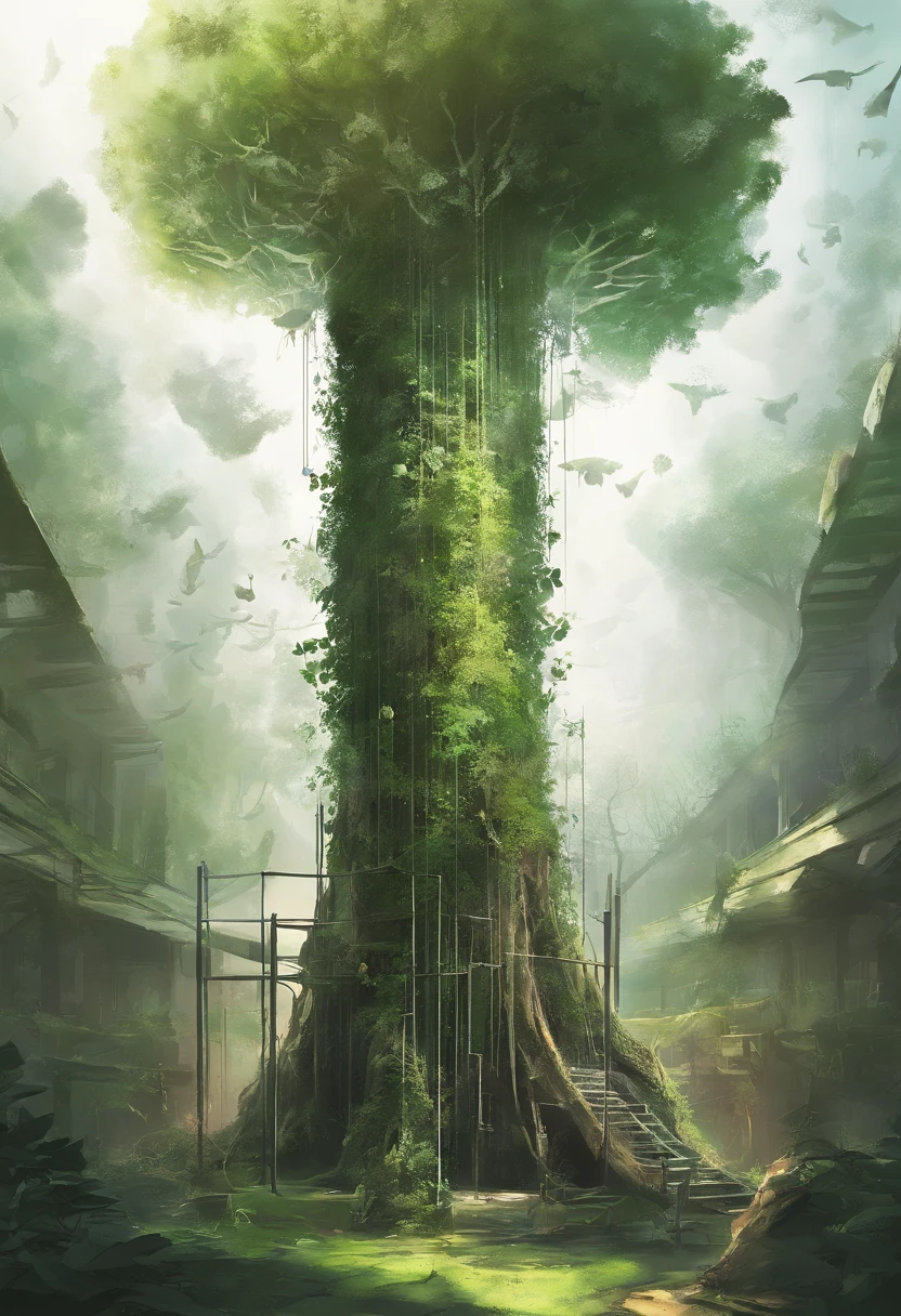 In a dark enclosed room without light,In the middle is placed a large green tree,Outside the big tree,Place a circle along the circle that is about half the height of a large tree、But ten stainless steel columns of different heights,Above the column is a transparent square box made of transparent acrylic,It stores seeds of different types of medicinal herbs,A lot of trunks hang down from the tree