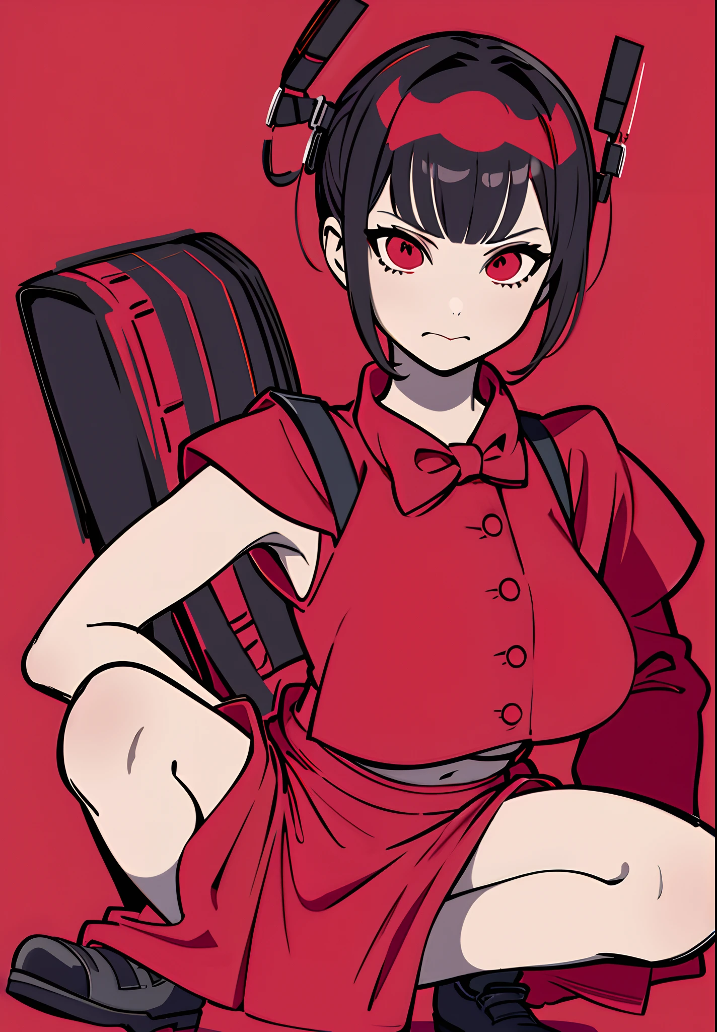 Monochrome, red background, a girl, duck tongue cap, navel exposed outfit, hot pants, hippie style, rock, squat, bow, Winner gesture, (from front: 1.3),