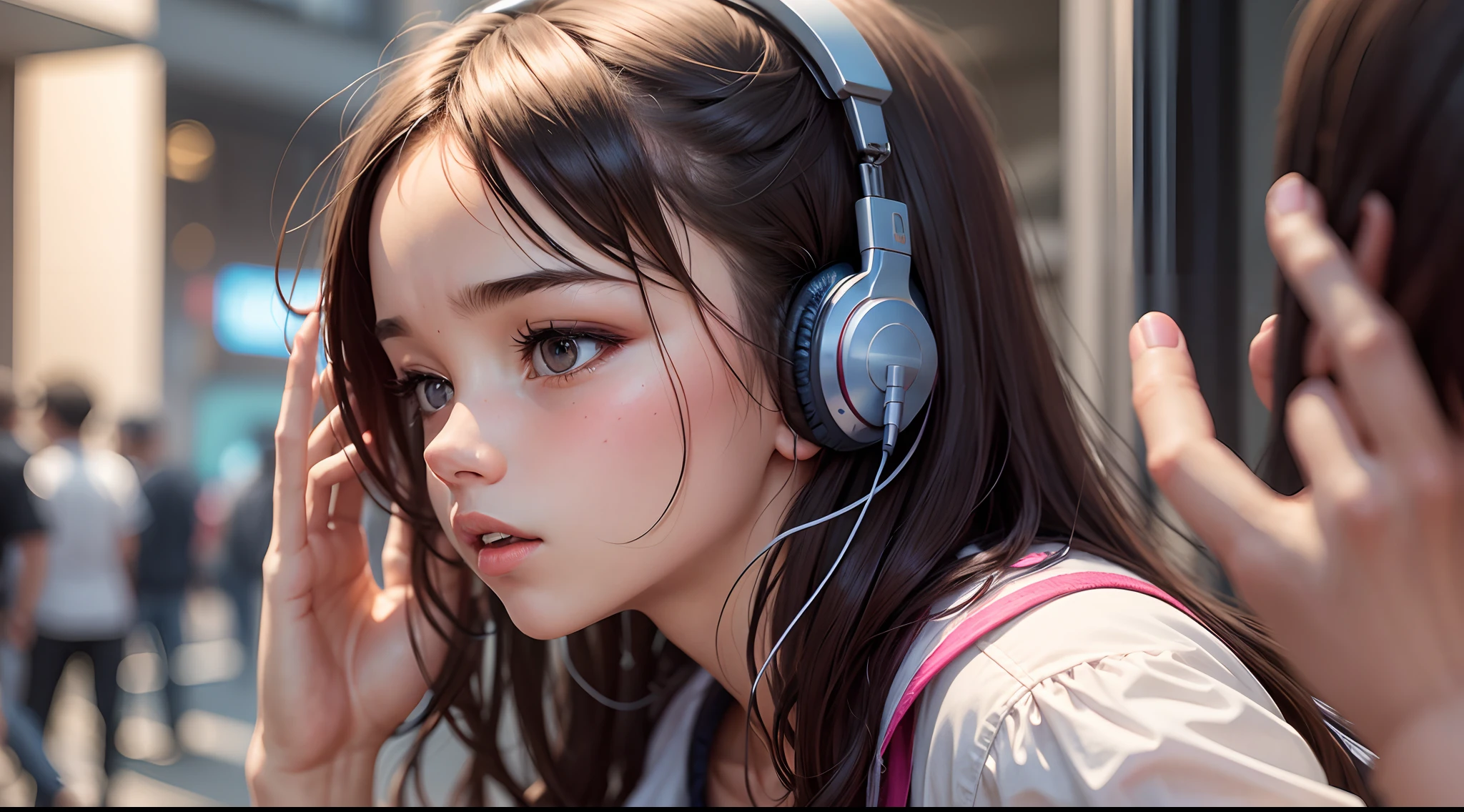 a girl hearing a song head phone on her ears