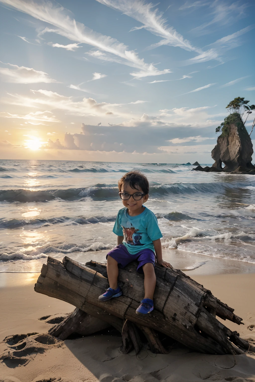 Produce a cartoon of a happy 3-year-old boy wearing glasses, sitting on a dry tree trunk in the sand of a beautiful, praia tranquila. The sunrise is stunning, com seu reflexo no mar. Make sure the drawing is filled with (((detalhes intrincados))), Especially in relation to the boy's glasses and the natural environment. Ambicione ((extrema qualidade de detalhes)) para capturar a beleza serena da praia ao nascer do sol. crie um ((Complex composition)) which emphasizes the child's innocence and breathtaking scenery.