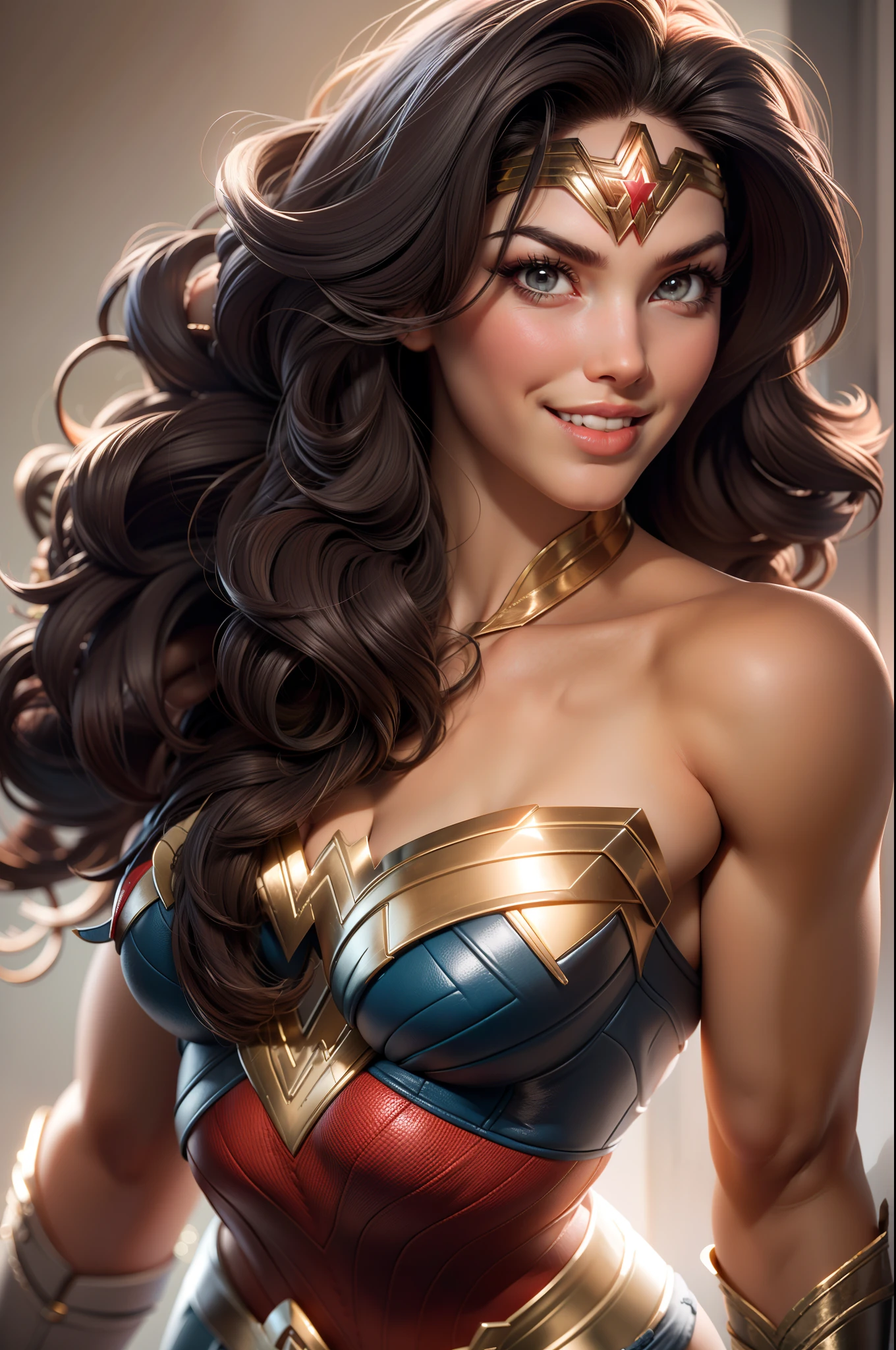 Wonder woman, Portrait photo by Altgarm, realism style, Glowing skin, Cartoon hero, Natural light, Defined lips, Strong physical strength, Feminine body, Full body, viewer, (Smile:1.2), Depth of field f/1.8, studio shot, (((looking in camera))), Camera orientation, ellen von unwerth, (Sexy Pose:1.5))