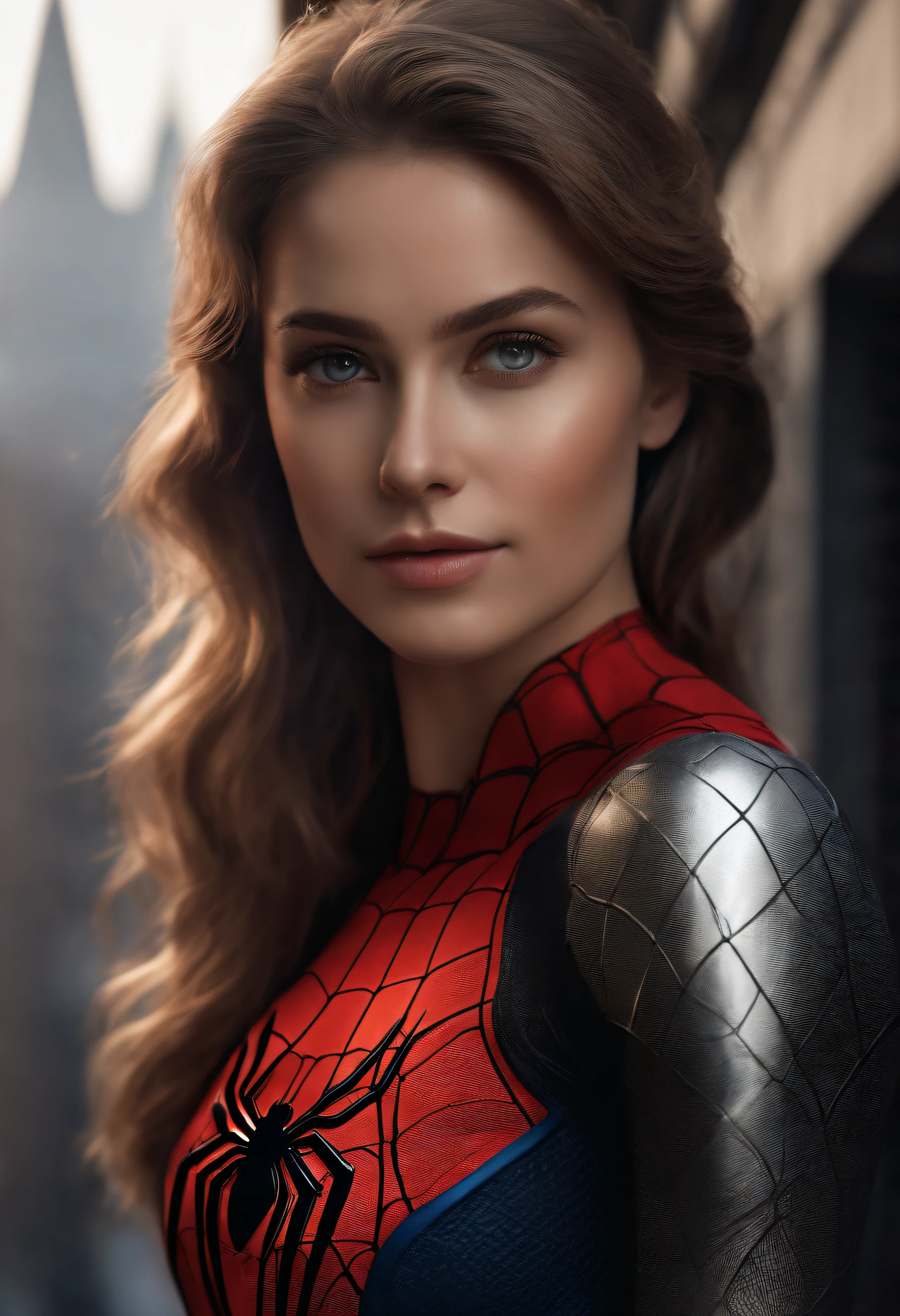 (1girl:1.3), Solo, (((Very detailed face)))), ((Very detailed eyes and face)))), Beautiful detail eyes, Body parts__, Official art, Unified 8k wallpaper, Super detailed, beautiful and beautiful, beautiful, masterpiece, best quality, original, masterpiece, super fine photo, best quality, super high resolution, realistic realism, sunlight, full body portrait, amazing beauty, dynamic pose, delicate face, vibrant eyes, (from the front), She wears Spider-Man suit, red and black color scheme, spider, very detailed city roof background, rooftop, overlooking the city, detailed face, detailed complex busy background, messy, gorgeous, milky white, highly detailed skin, realistic skin details, visible pores, clear focus, volumetric fog, 8k uhd, DSLR, high quality, film grain, fair skin, photo realism, lomography, futuristic dystopian megalopolis, translucent ,