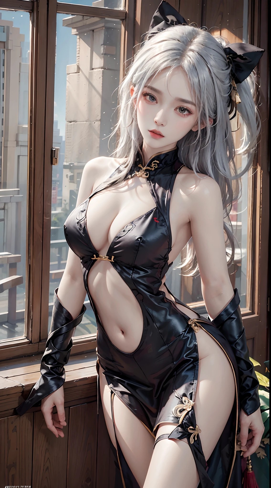photorealistic, high resolution,masterpiece,best quality,ultra-detailed, 1women, hips up, white hair, cheongsam