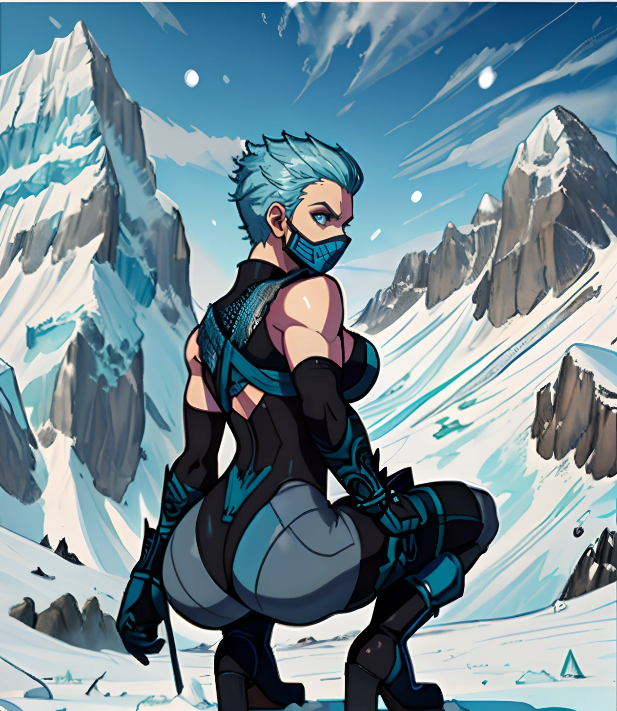 [FROST], ((Masterpiece)), ((High quality art)), ((High definition)), ((solo portrait)), ((back view)), ((full body)), ((shoes visible)), ((beautiful render art)), ((detailed shading)), ((intricate details)), {(Beautiful woman), (pale skin), (cute blue eyes), (spiked cyan ice hair), (mask on face), angry, (slightly muscular legs), (cleavage)}, {(black bodysuit), (blue folded gi), (fishnet), (thong), (blue boots)}, {(squatting)}, [Background; (mountain), (snow), (grey sky), (clouds)}