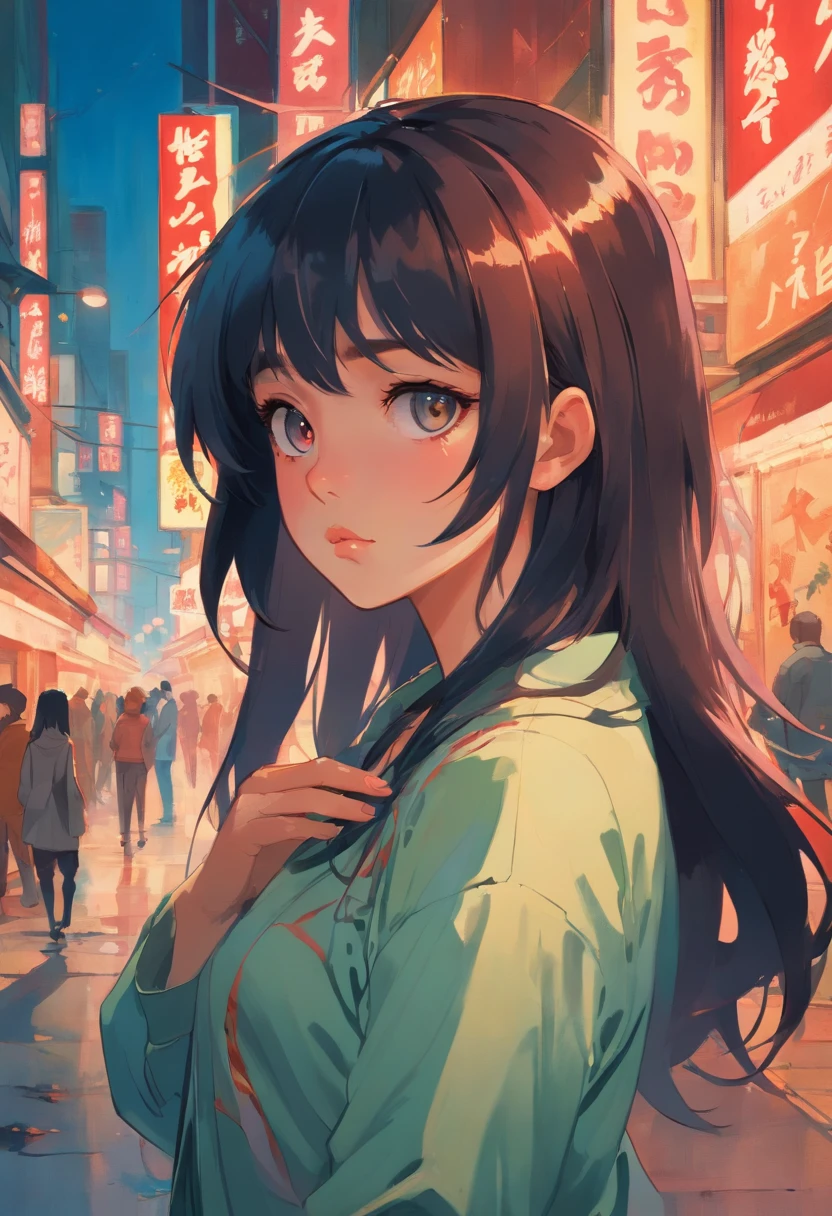 Fille gothique, with long hair and piercing eyes, 90s anime. Ambiance vintage. Anime aesthetics of the 90s. Dans le style de Ranma, Dans le style de Lum, Urusei Yatsura. There is ugliness in beauty, But there is also beauty in ugliness. Burning. In the style of Adrian Ghenie, Esao Andrews, Jenny Saville, Edward Hopper, surrealism, Dark Art par James Jean, Takato Yamamoto, Minimalisme inkpunk. Dans le style Tim Burton.