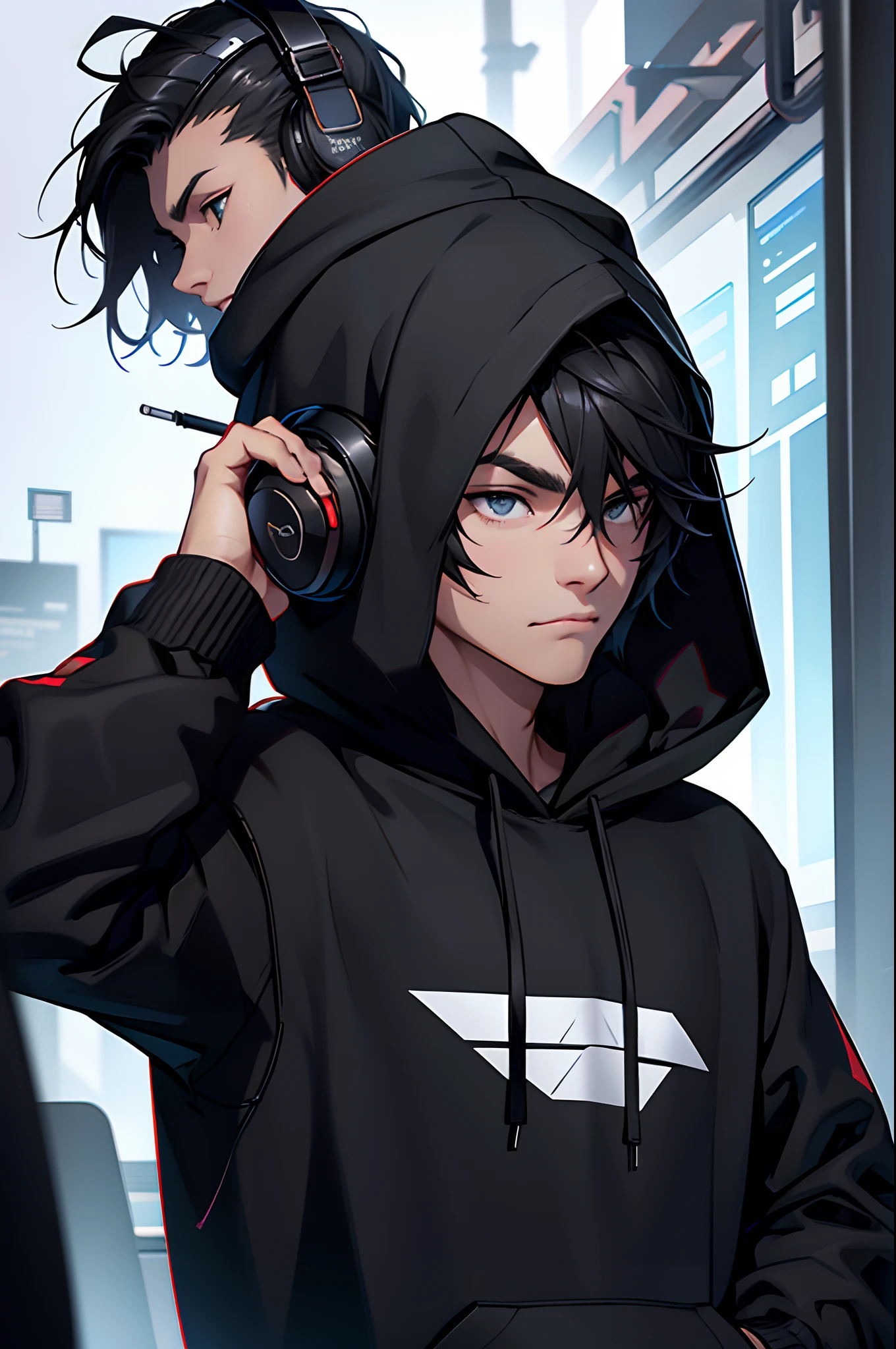a person wearing a hoodie and a pair of headphones, wearing a black hoodie, wearing a dark hood, black hoodie techie, wearing black hooded cloak, dressed black hoodie, in a black hoodie, black hoodie, men