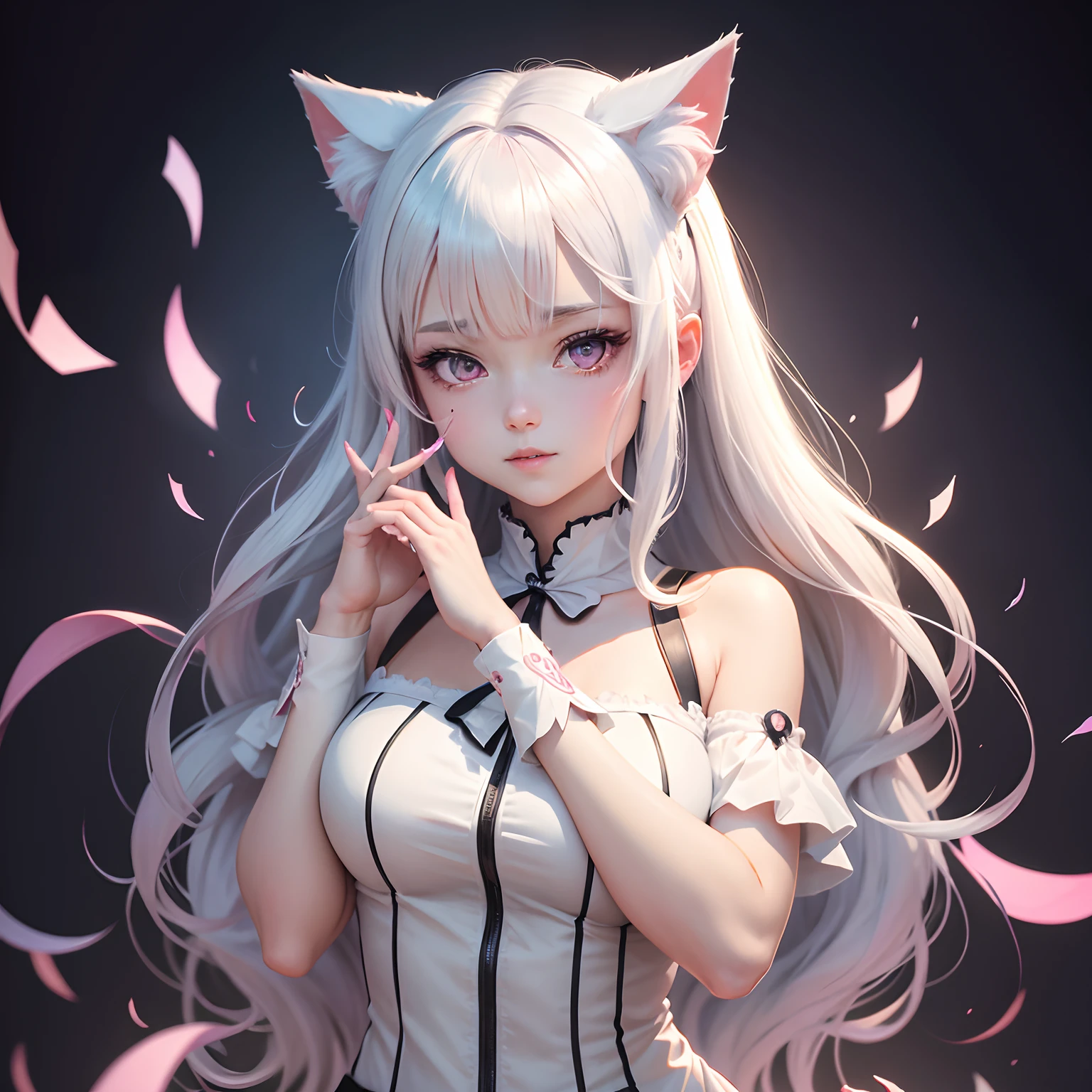 Silver hair, pink eyes, body, cat ears, sexy girl, earrings, heart background fantasy, teal blue uniform, hair bow