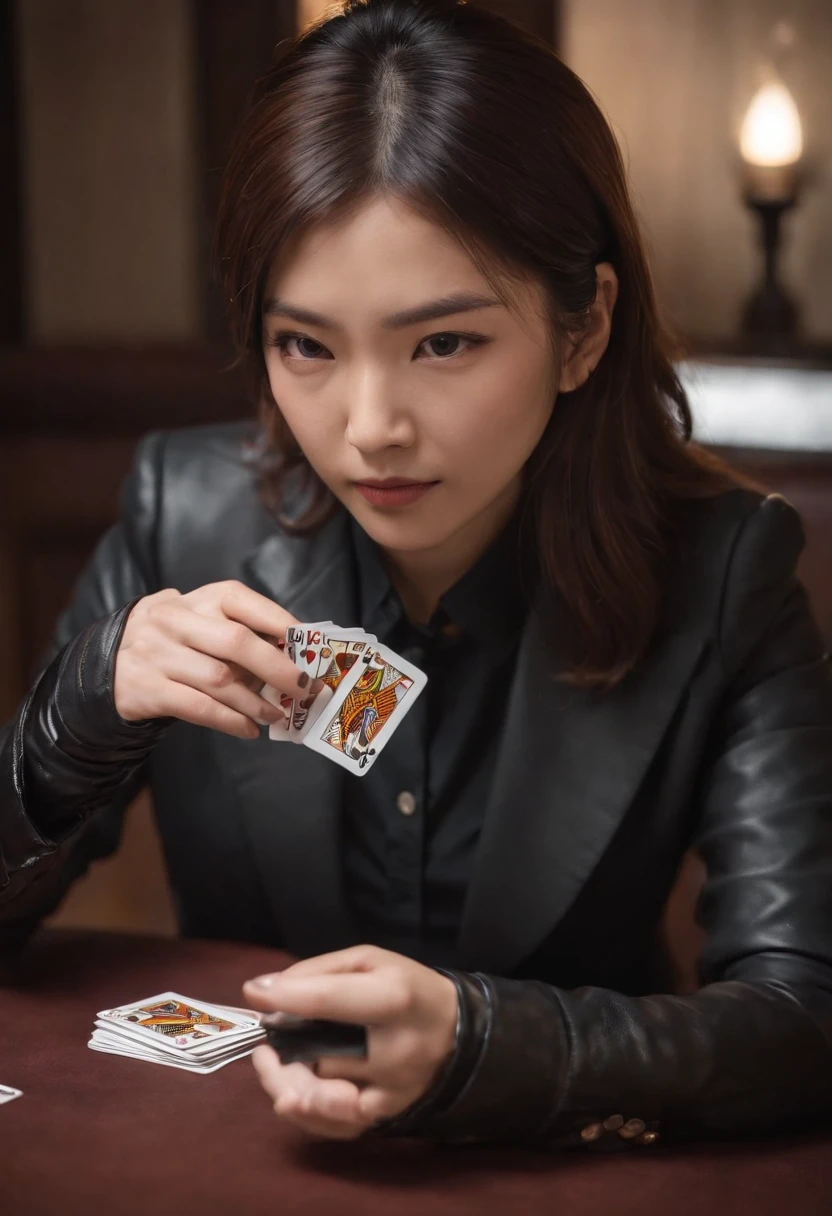 Uma imagem com uma jovens garota  bonita (Lucy Liu), (22 anos), brincando com sabre de luz, com um vestido Vermelho de baile e o sabre de luz azul. In the background, a landscape with the sky in shades of blue and burgundy, with a castle made of playing cards and two towers, e na janela da torre da direita um princesa, joga confetes, enquanto na torre da esquerda observa-se uma sombra com um sorriso largo e olhos amarelados.
