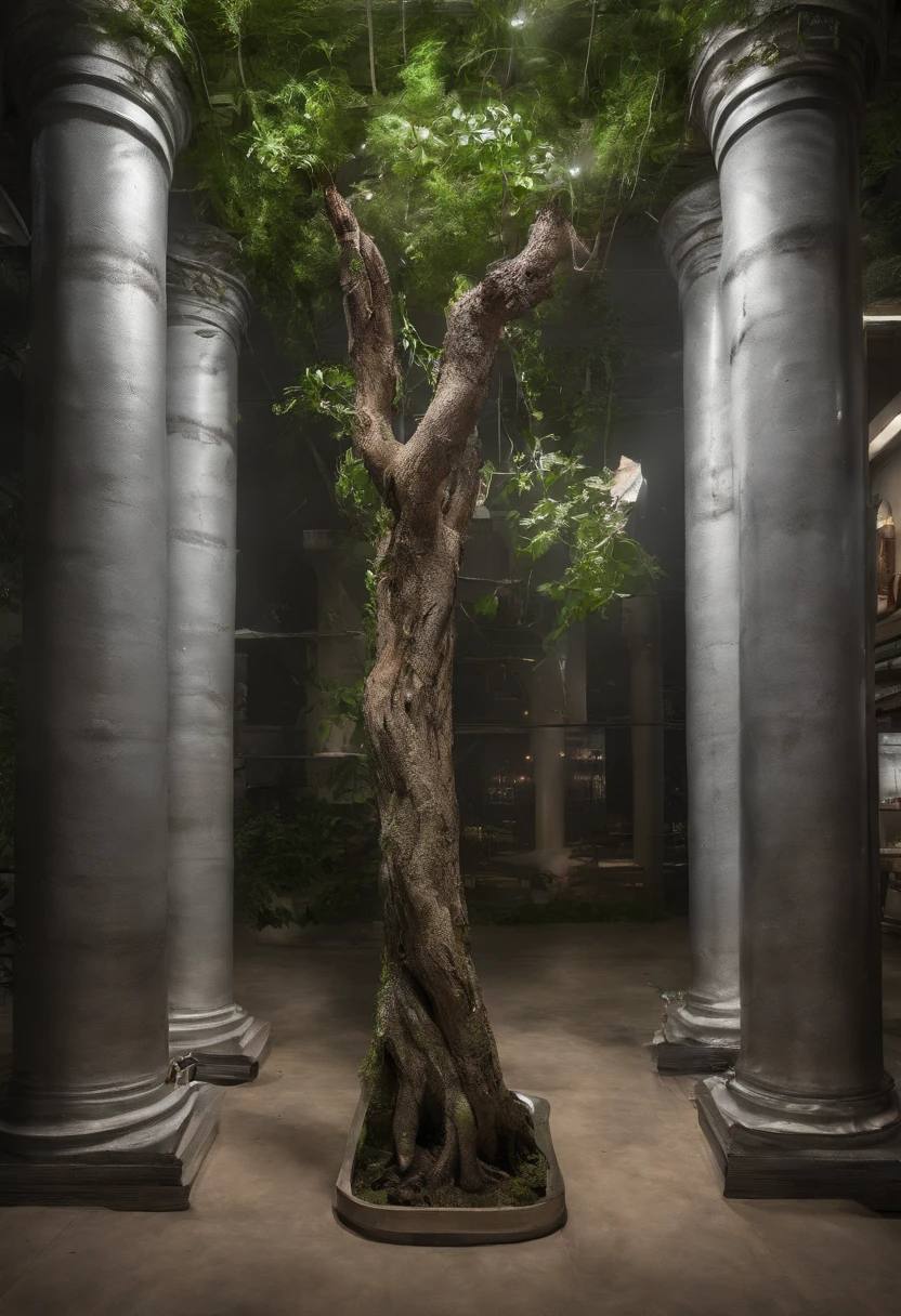 In a dark enclosed room without light,In the middle is placed a large green tree,Outside the big tree,Ten very low stainless steel columns are placed along the circle,Above the column is a transparent square box made of transparent acrylic,It stores seeds of different types of medicinal herbs,A lot of trunks hang down from the tree