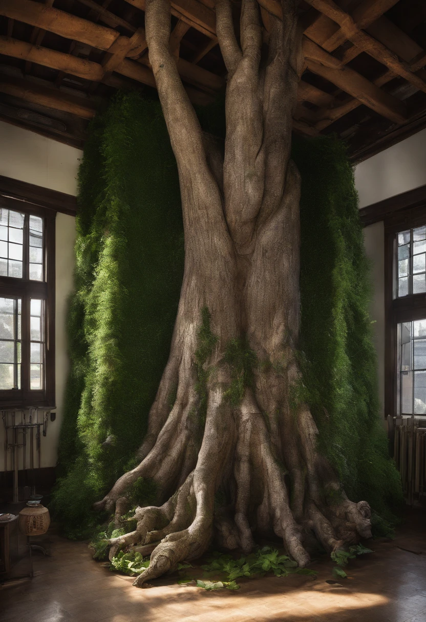 In a dark enclosed room without light，In the middle is placed a large green tree，Outside the big tree，Ten very low stainless steel columns are placed along the circle，Above the column is a transparent square box made of transparent acrylic，It stores seeds of different types of medicinal herbs，A lot of trunks hang down from the tree