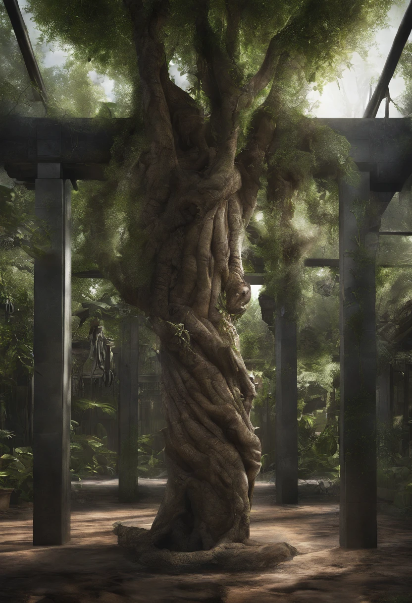 In a dark enclosed room without light,In the middle is placed a large green tree,Outside the big tree,Ten very low stainless steel columns are placed along the circle,Above the column is a transparent square box made of transparent acrylic,It stores seeds of different types of medicinal herbs,A lot of trunks hang down from the tree