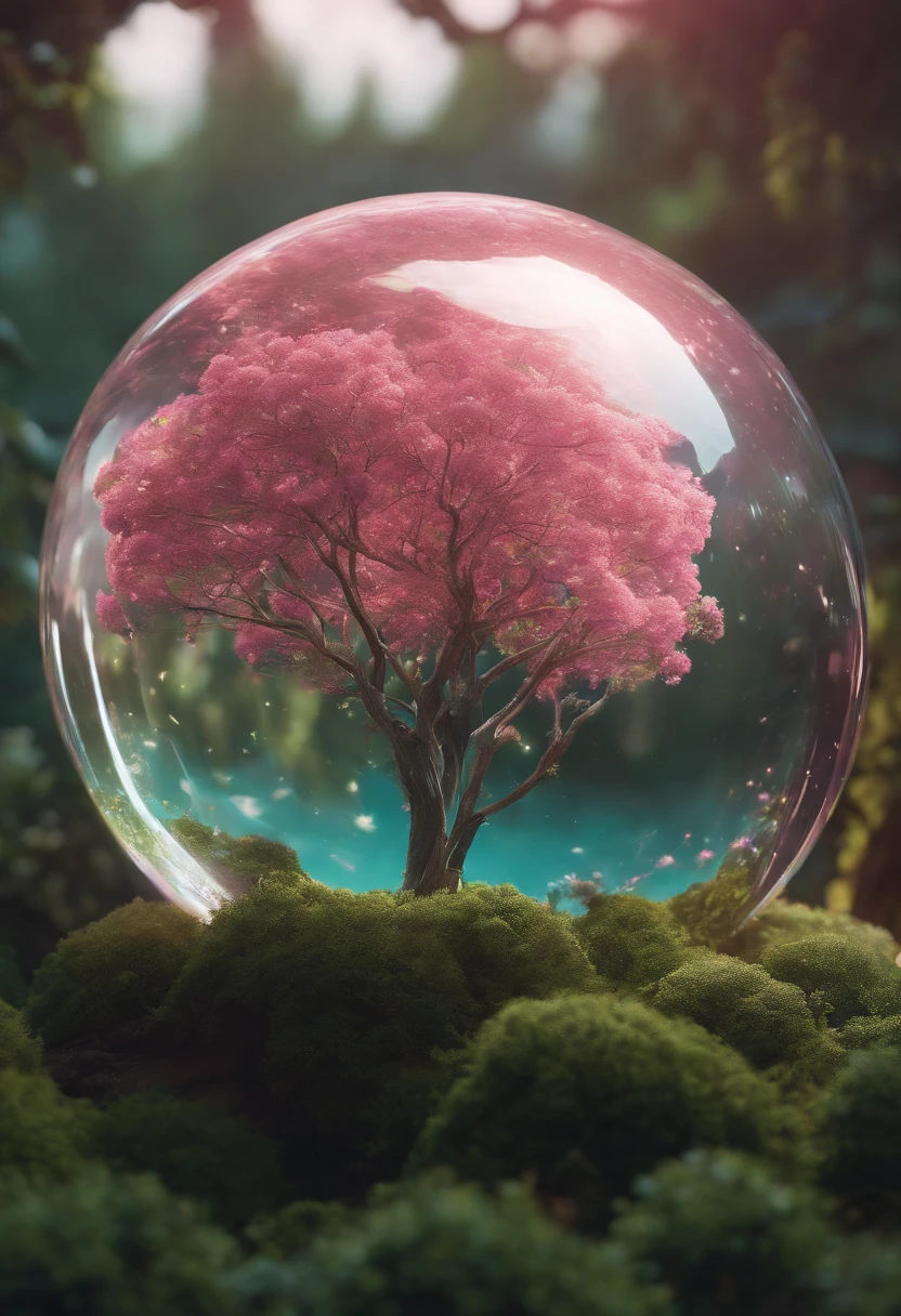 (((masterpiece))) (((best quality))) glass sphere, close-up of a planet with a bunch of trees on it, overgrown planet, green planet, fractal world, fantasy overgrown world, fantasy planet, Dyson sphere, pink planet, 3D render beeple, planetary landscape, round planet inspired by Jofra Bosschart, planet, futuristic world, psychedelic flower planets, ethereal world, (outgoing glow)
