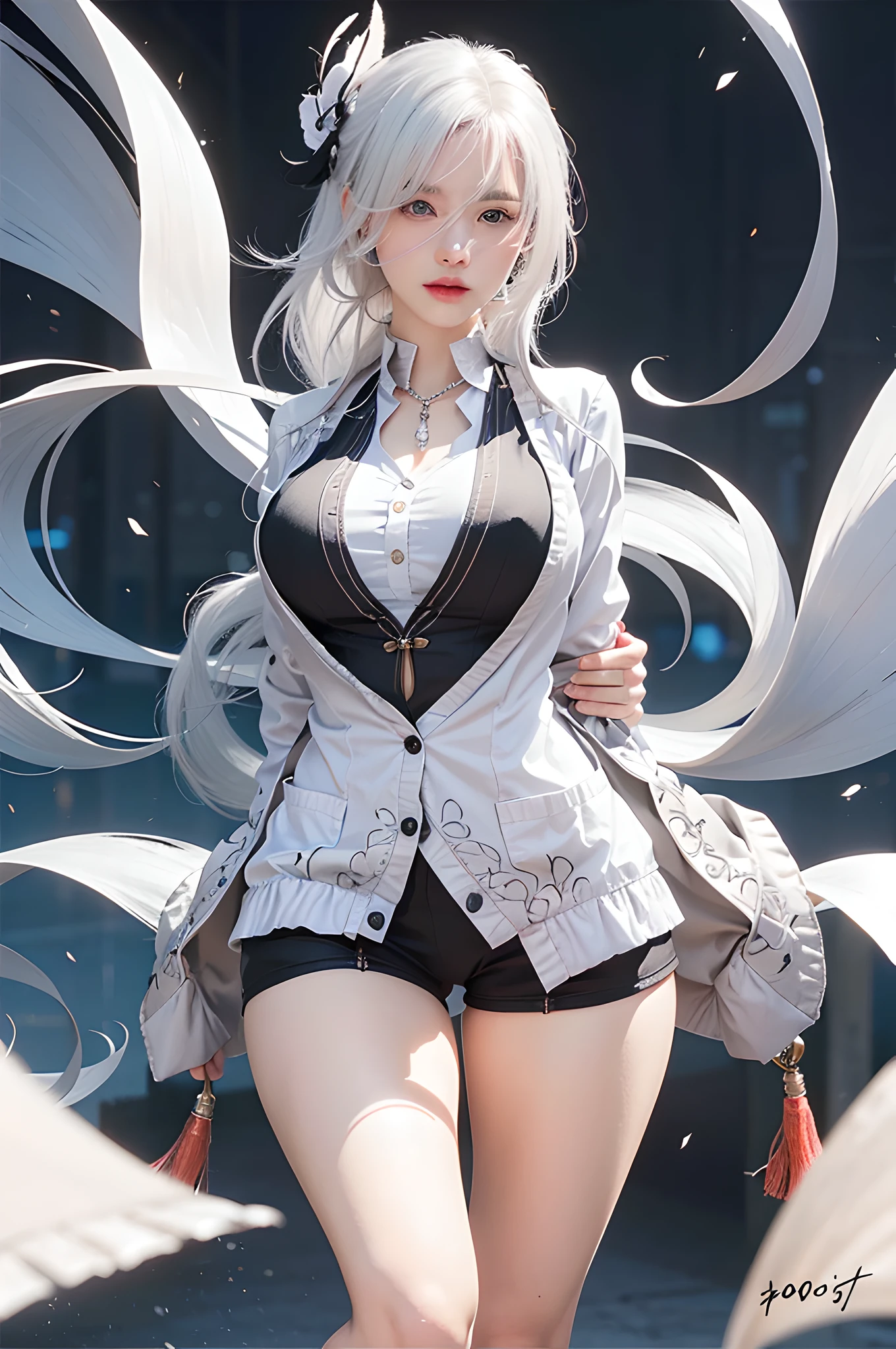 8K, highest quality, RAW photo, ultra high resolution silver blonde silver hair eyes are pink cool beauty beautiful butt huge breastsの谷間 thin eyebrows huge breasts sexy 2 limbs alone beautiful nose Make the nose smaller droopy eyes glamorous mouth long coat of black color light reddish purple knit long skirt of black color snowfield Diamond dust Sparkling fantastical scenery Raising both hands and looking upwards Clothes standing position