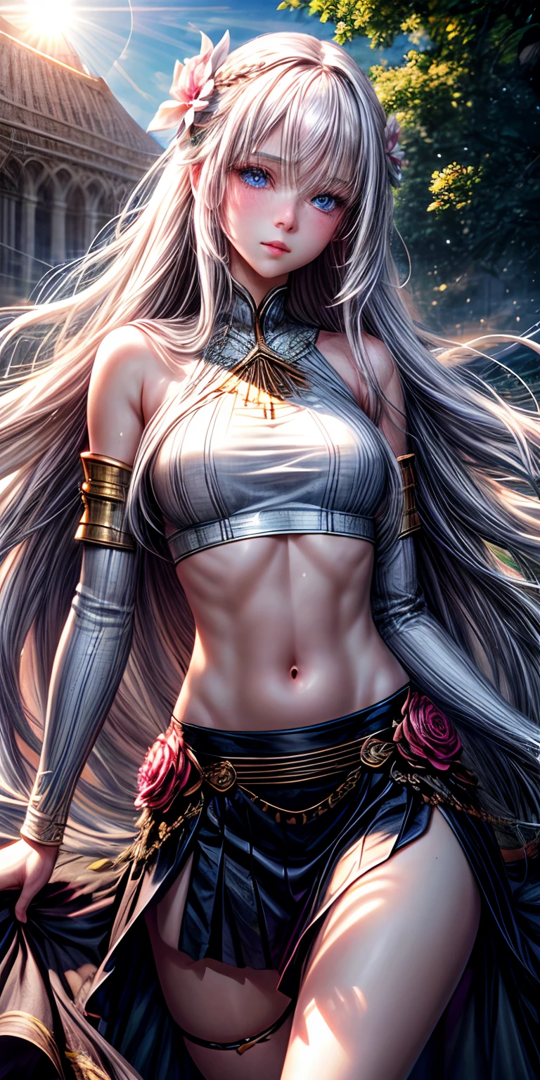 realistic, 1girl, very long white hair, blue eyes, glowing eyes, crop top, skirt, parted lips, blush, night, flowers, sun, sunlight,