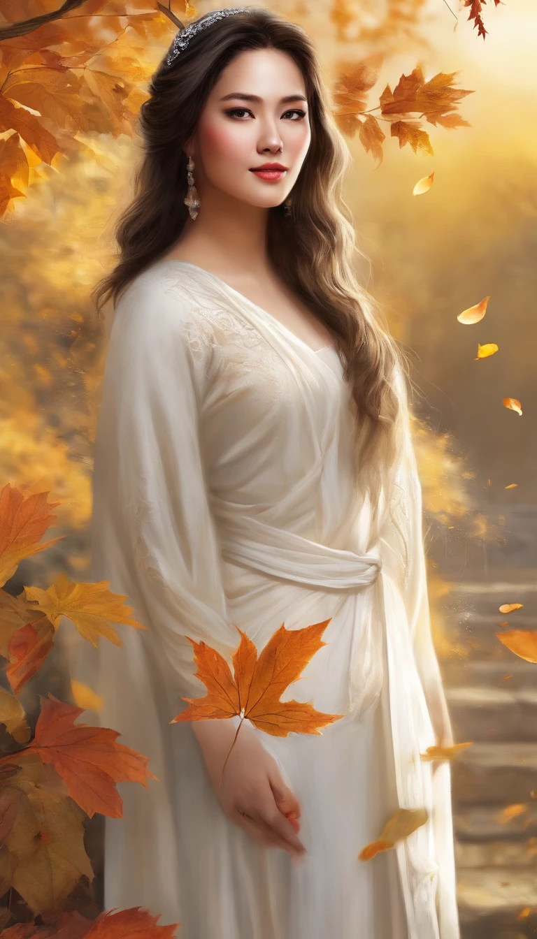 Beautiful Asian goddess,adorable round face,Delicate and elastic skin,Speak with big shining eyes,Two twisted braids,Silky black hair,Standing in the middle view,No shoulder strap,One shoulder,White cotton shirt,Lightweight, Thorn material,Black trousers,cropped shoulders,Beautuful Women,Very happy laughter,A shy expression,,White teeth are exposed,Full body appearance,Look up at the perspective,Autumn tones,Yellow deciduous leaves,There was a wind blowing,(Side lighting ),(cinema4d),(Movie lighting),(Depth of field effect),(Unreal 5),(tmasterpiece),(8K分辨率),photorealestic,realisticlying