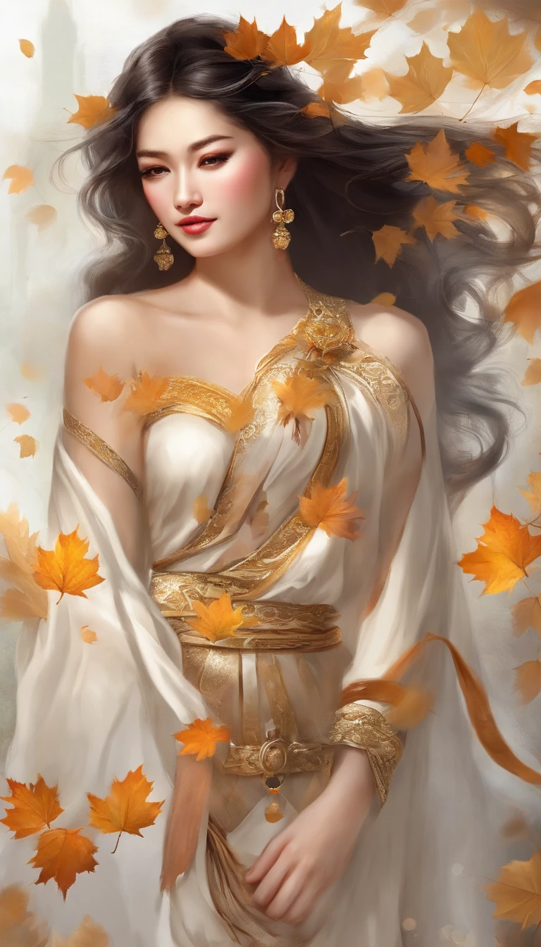 Beautiful Asian goddess，adorable round face，Delicate and elastic skin，Speak with big shining eyes，Two twisted braids，Silky black hair，Standing in the middle view，No shoulder strap，One shoulder，White cotton shirt，Lightweight, Thorn material，Black trousers，cropped shoulders，Beautuful Women，Very happy laughter，A shy expression，，White teeth are exposed，Full body appearance，Look up at the perspective，Autumn tones，Yellow deciduous leaves，There was a wind blowing，（Side lighting ），（cinema4d），（Movie lighting），（Depth of field effect），（Unreal 5），（tmasterpiece），（8K分辨率），photorealestic，realisticlying