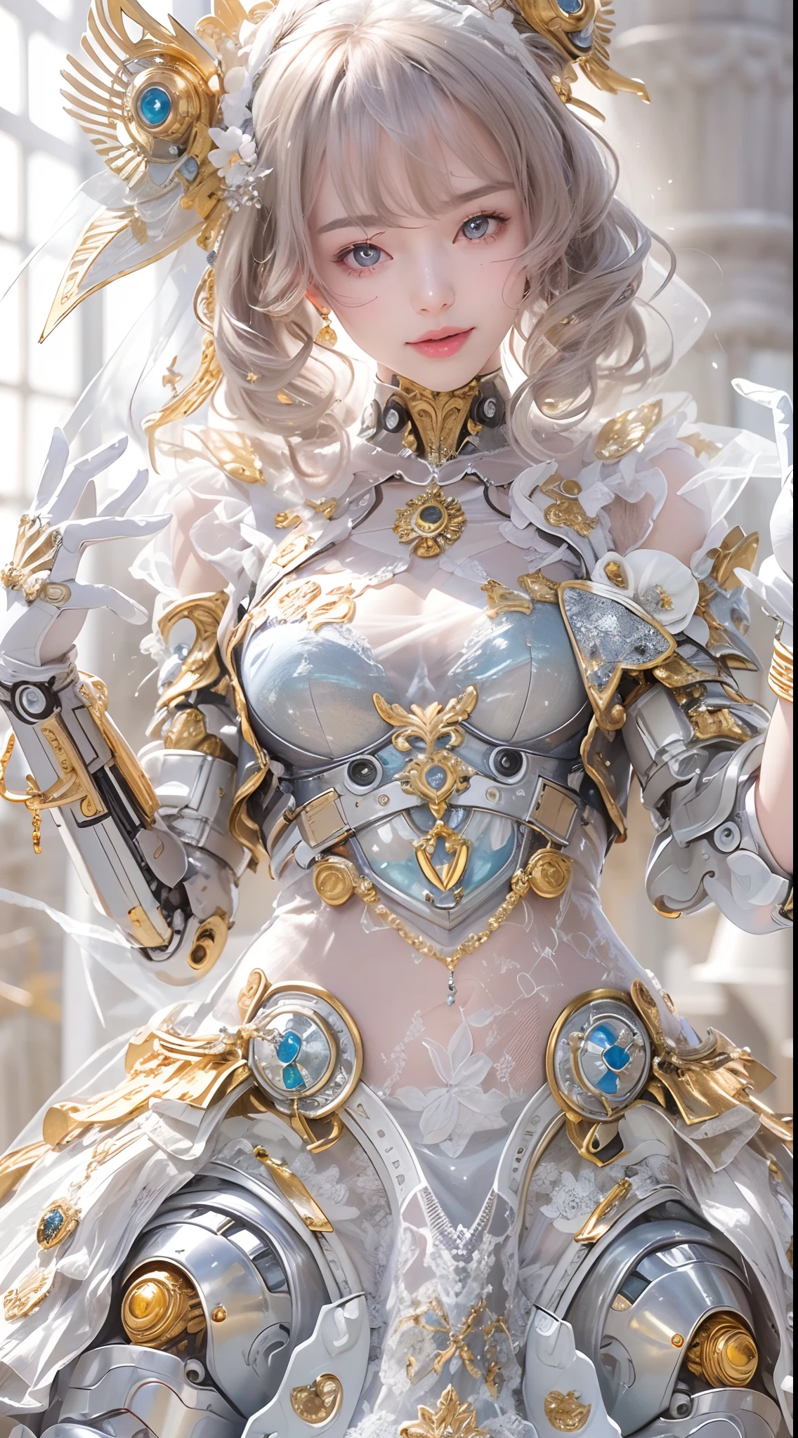 (High-res, 4K, Masterpiece:1.2),Ultra-detailed,(Realistic,photo-realistic:1.37),Girl robot married in Japan,Mechanical limb,Mechanical torso,Made of shiny gold and silver translucent glass and plastic, Delicate lace dress,joyful expressions, , Vibrant colors, sakurabackground, Bright sunlight。