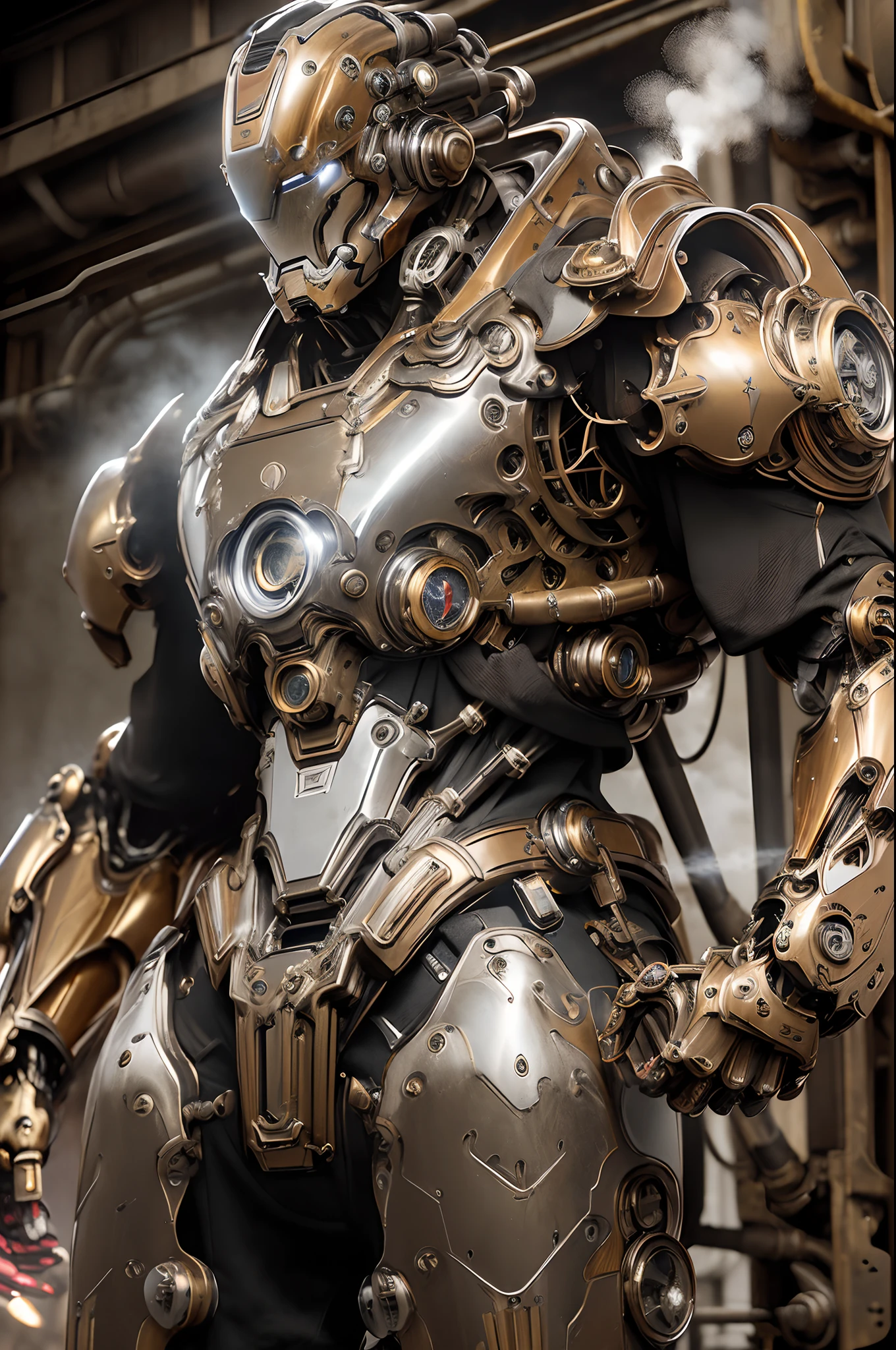 Masterpiece, ironman wearing futuristic steampunk robotic suit, ((steam engine, steam-mechanical, heavy retro-machine, steam pipes, red and gold color)) red and gold color, hyper realistic, hyper detailed mechanical, clean sharp image, 16K, HD, High Quality