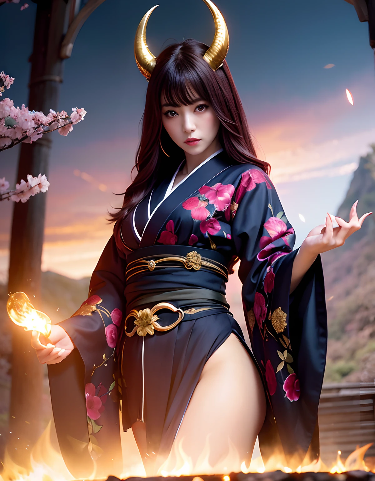 ((World of Darkness)),Professional , masterpiece、top-quality、photos realistic , depth of fields 、(Maiko's hairstyle)、(Background of cherry blossoms in full bloom),(Ultimate Beauty)、Red-haired、(Fight ninjas)、(Kimono with beautiful pattern)、(Night background)、((a dark night)),(Wear a beautiful kimono),(Wear a beautiful kimono with colorful floral patterns)、Jewel Gold Weapon、Particles of light),(Has a devil's mask)、Gorgeous gold weapons ,(( Gorgeous Dragon Sword)) , (a dark night),,(maikurobikini) 、((Black Haired Beautiful Girl))、(Castle background)、(demonic wings)、((Gangle's forest background))、Beautiful Caucasian beauty、1a person、dynamic ungle,(((Two devil's horns on the head)))、Smaller head、Idle Smile、Thin and beautiful female hands、Mystical expression、Light Effects、intense fighting、Wind-effect、magic circles、With the legendary magic wand、Dragon's tail、Anatomically correct body、