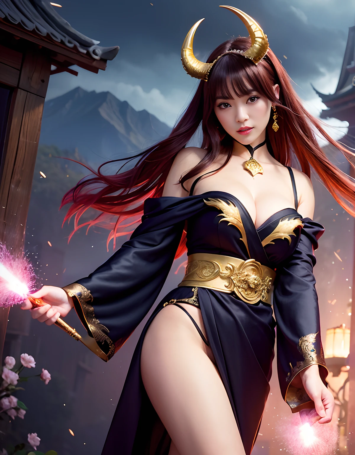 ((World of Darkness)),Professional , masterpiece、top-quality、photos realistic , depth of fields 、(Maiko's hairstyle)、(Background of cherry blossoms in full bloom),(Ultimate Beauty)、Red-haired、(Fight ninjas)、(Kimono with beautiful pattern)、(Night background)、((a dark night)),(Wear a beautiful kimono),(Wear a beautiful kimono with colorful floral patterns)、Jewel Gold Weapon、Particles of light),(Has a devil's mask)、Gorgeous gold weapons ,(( Gorgeous Dragon Sword)) , (a dark night),,(maikurobikini) 、((Black Haired Beautiful Girl))、(Castle background)、(demonic wings)、((Gangle's forest background))、Beautiful Caucasian beauty、1a person、dynamic ungle,(((Two devil's horns on the head)))、Smaller head、Idle Smile、Thin and beautiful female hands、Mystical expression、Light Effects、intense fighting、Wind-effect、magic circles、With the legendary magic wand、Dragon's tail、Anatomically correct body、