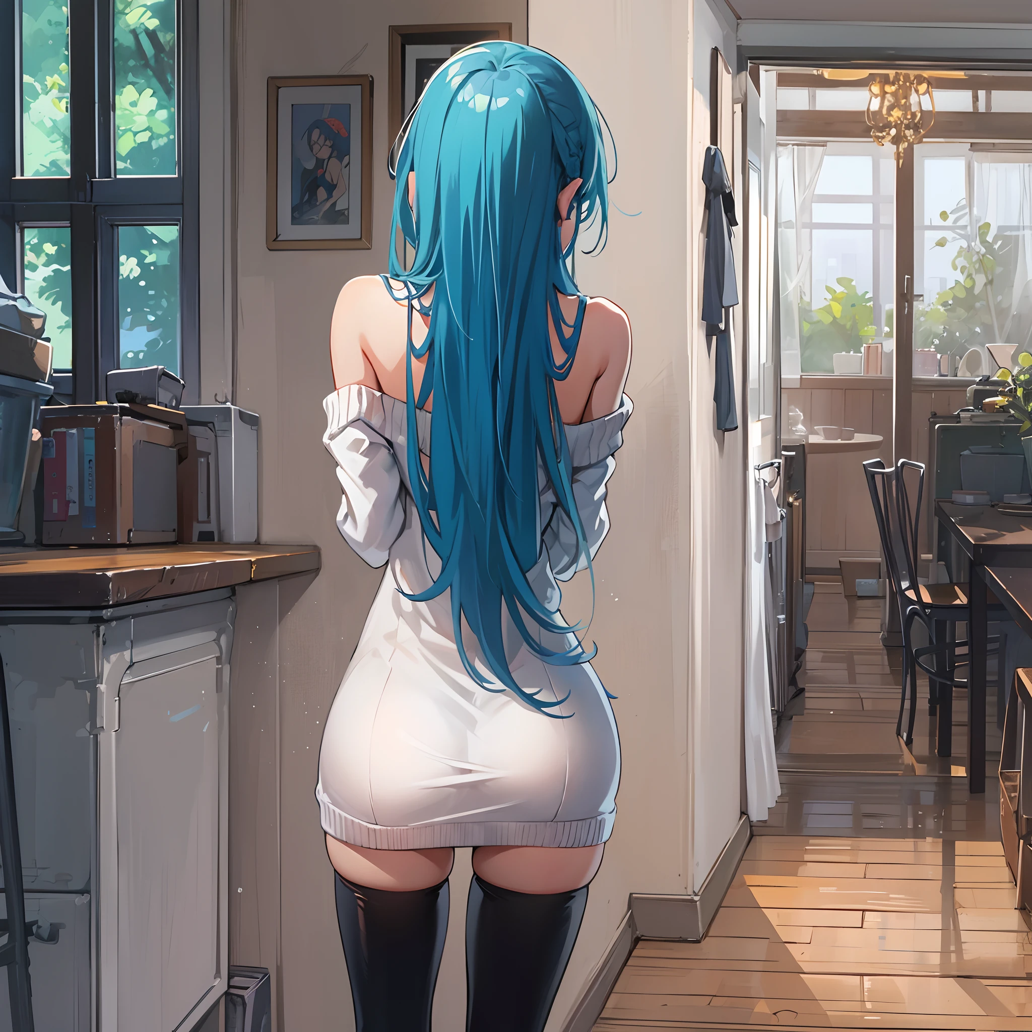 Anime girl, long hair, blue hair, white sweater dress, black leggings, skinny, from behind, looking back, showing ass, bent over, sexy, in a house