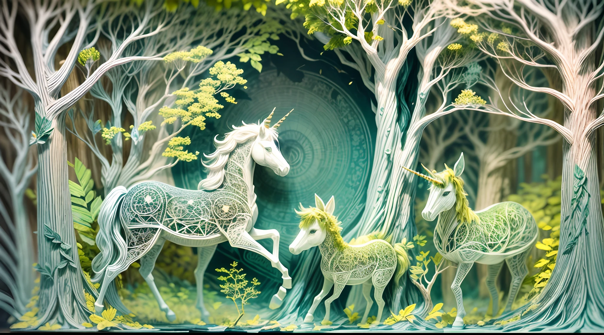 A mystical forest filled with magical creatures, unicorns, fairies, and talking trees, dappled sunlight filtering through leaves, an enchanting and mysterious atmosphere, Paper-cut art, layers of delicately cut paper creating depth and texture,