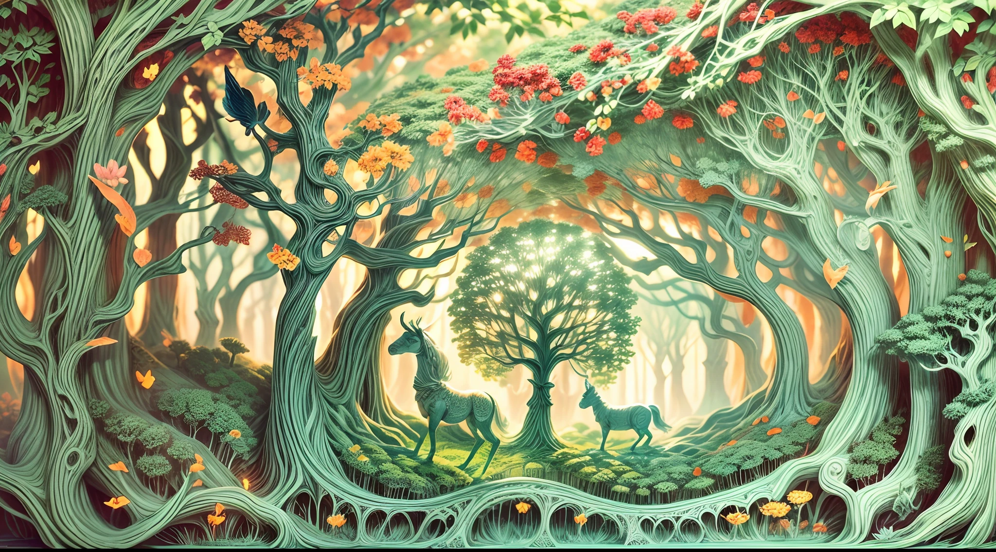 A mystical forest filled with magical creatures, unicorns, fairies, and talking trees, dappled sunlight filtering through leaves, an enchanting and mysterious atmosphere, Paper-cut art, layers of delicately cut paper creating depth and texture,