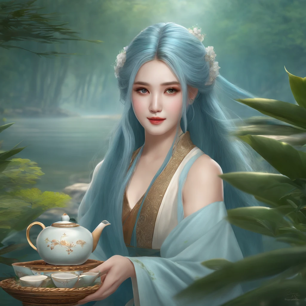 Masterpiece, Best quality, offcial art, 8K wallpaper, Very detailed, illustration, 1 girl, Sky blue hair, Long hair, Detailed eyes, Forrest gump, Bare shoulders, Hanfu, Lake, Pure, Soft smile, Bamboo, Tea