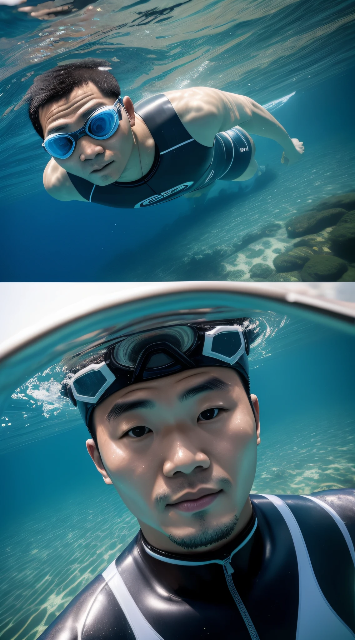 36-year-old Chinese man swimming in the city under the water after Tsunami. He looking straight into camera and and his body is turned directly towards the camera. He's swimming with equipment and diving suit. He is close to the camera, upper body. The scene was captured using a Canon R6 camera with a 70-200mm f/4 lens. The photo was taken at the under water house floor.
