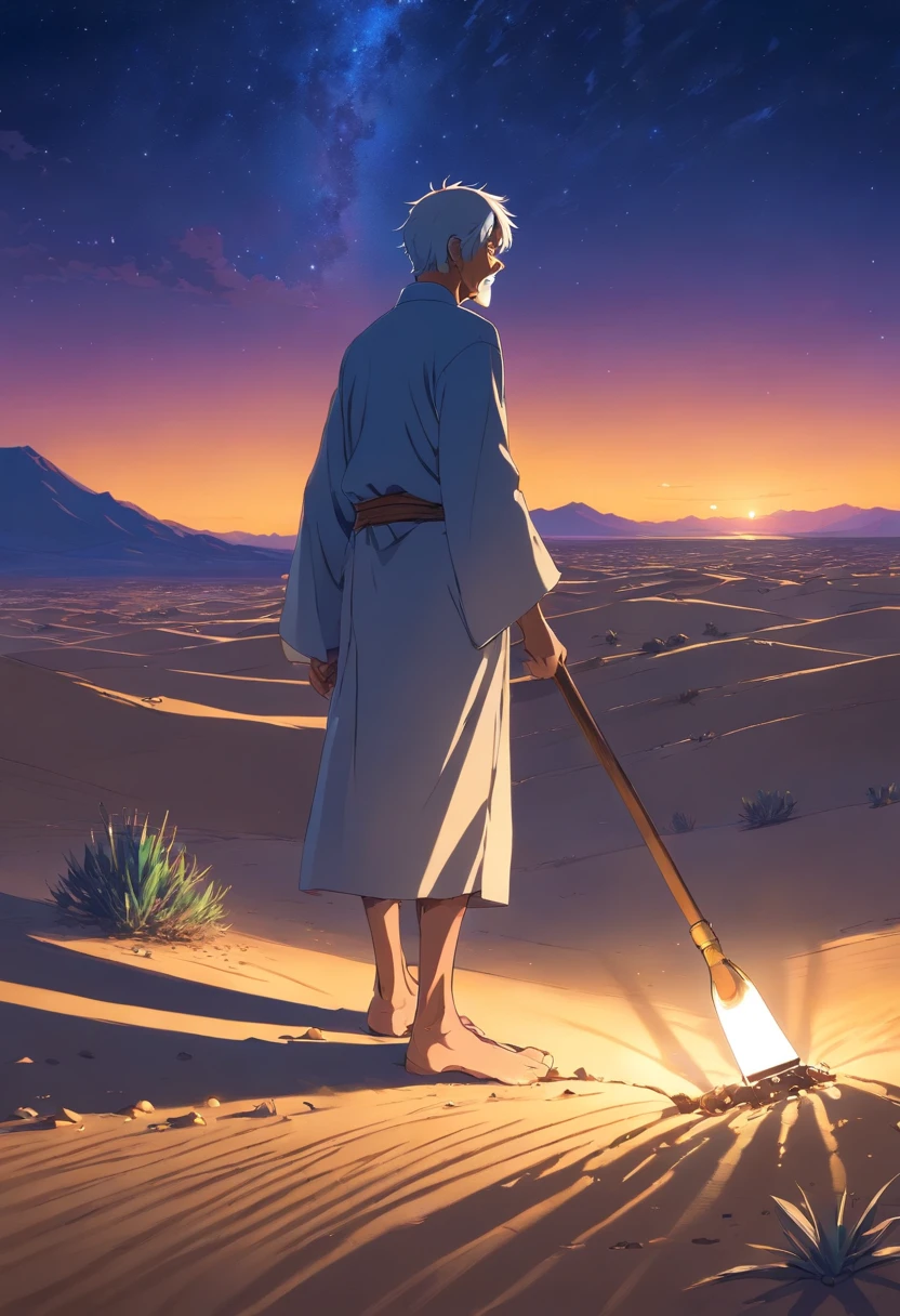 Old man in the desert stands in front of a hoe at night