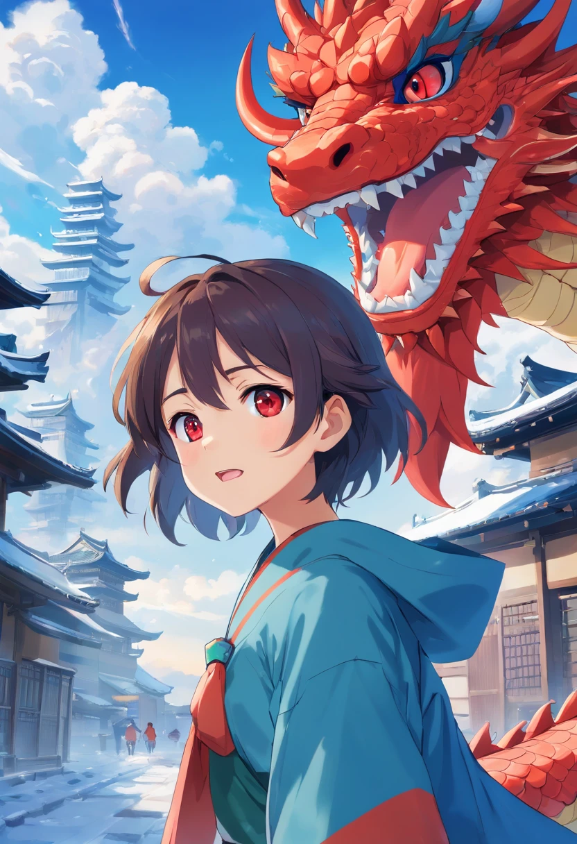 Best quality at best,tmasterpiece,超高分辨率,without humans,(The long:1.2),without humans,clouds,buliding,east asian architecture,red eyes,banya,with her mouth open,Skysky,fang,a Oriental Dragons,mostly cloudy sky,teeth,flight,icey,ice blue,ice Dragon