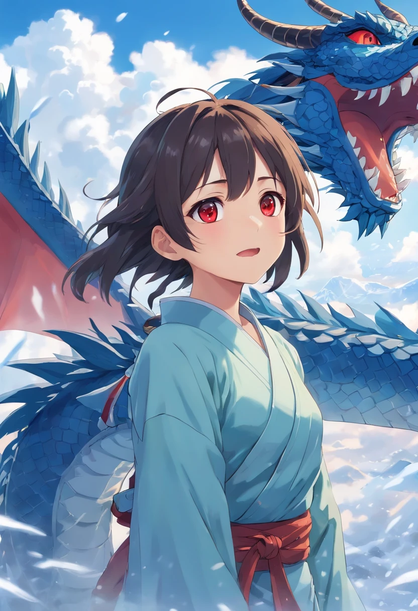 Best quality at best，tmasterpiece，超高分辨率，without humans，（The long：1.2），without humans，​​clouds，buliding，east asian architecture，red eyes，banya，with her mouth open，Skysky，fang，a Oriental Dragons，mostly cloudy sky，teeth，flight，icey，ice blue，ice Dragon