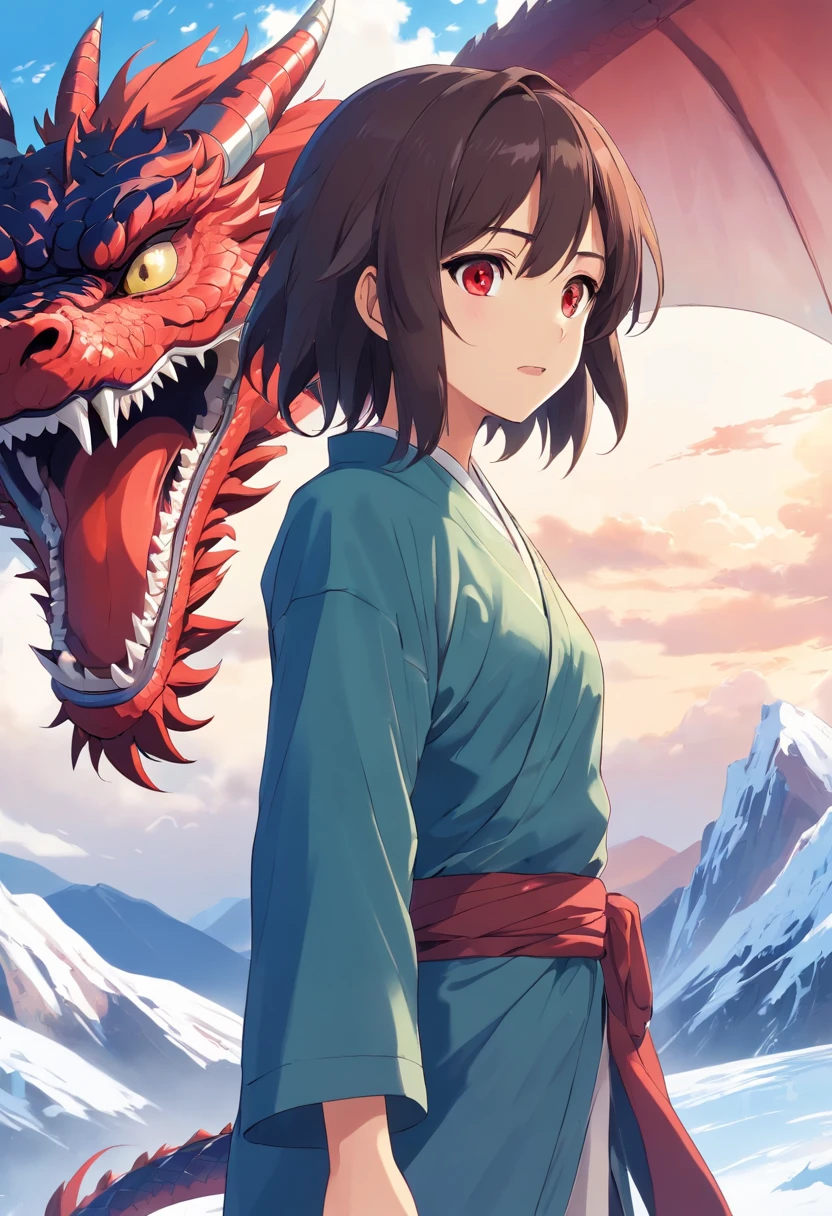 Best quality at best,tmasterpiece,超高分辨率,without humans,(The long:1.2),without humans,clouds,buliding,east asian architecture,red eyes,banya,with her mouth open,Skysky,fang,a Oriental Dragons,mostly cloudy sky,teeth,flight,icey,ice blue,ice Dragon