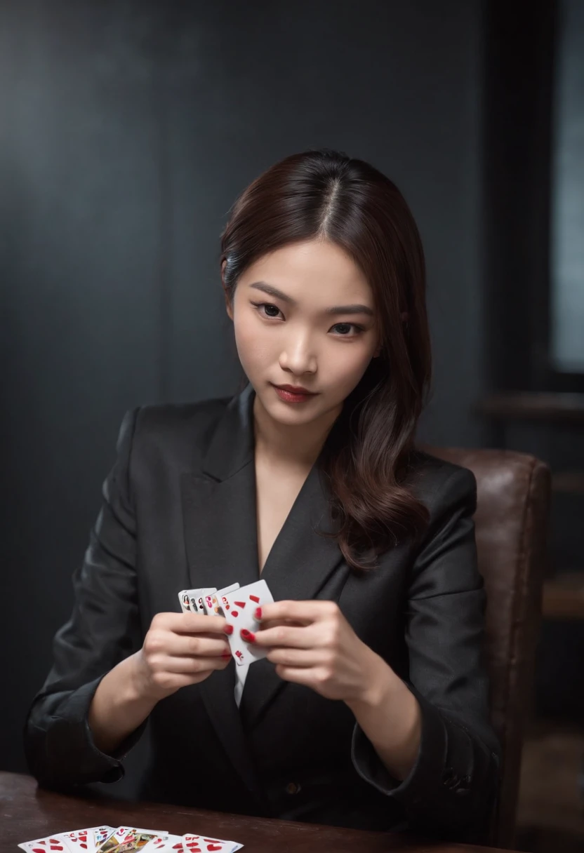 A young Japanese woman with a black suit up to a shirt and playing cards with black leather gloves on both hands