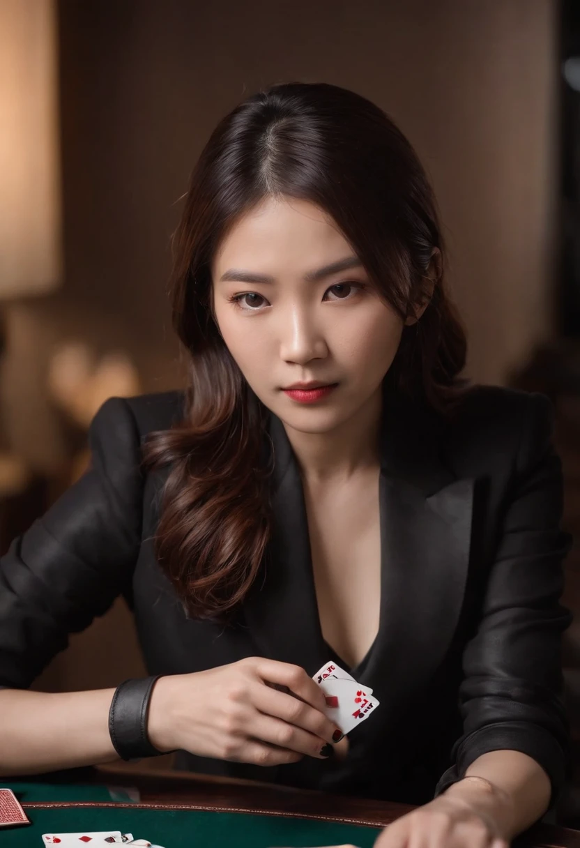 A young Japanese woman with a black suit up to a shirt and playing cards with black leather gloves on both hands