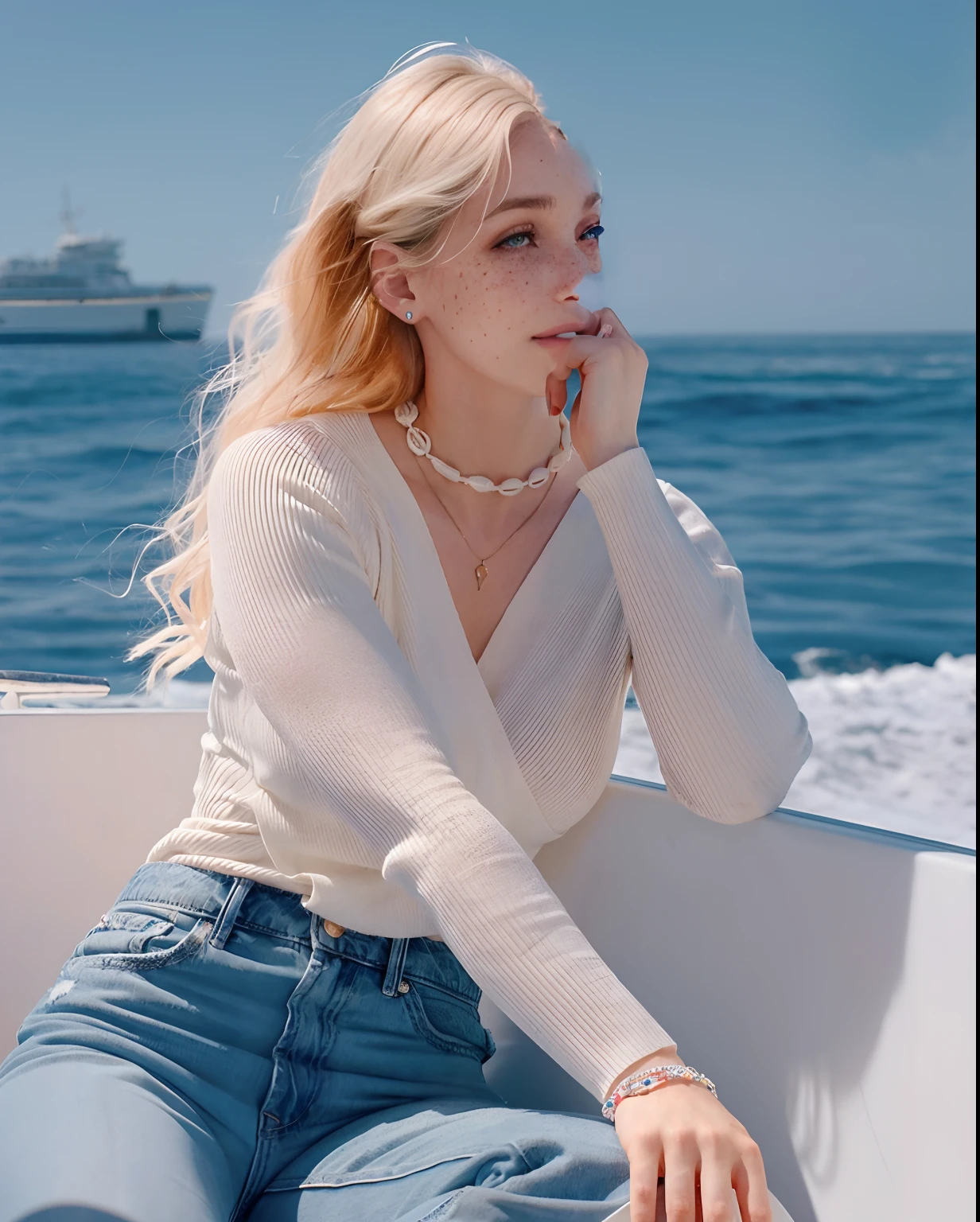 Rosto de uma mulher, americana, 25 anos, pale skin and freckles, olhos cinzas, nariz delicado, soft and delicate lips, cabelo blondie cinza longo e ondulados, sorriso meigo