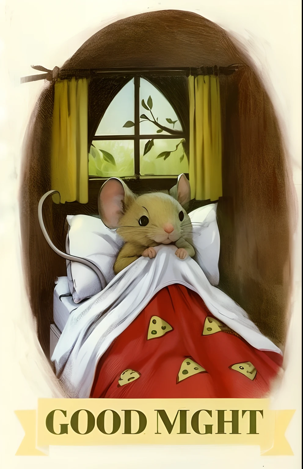 A cute little mouse saying goodnight in a comfy bed.