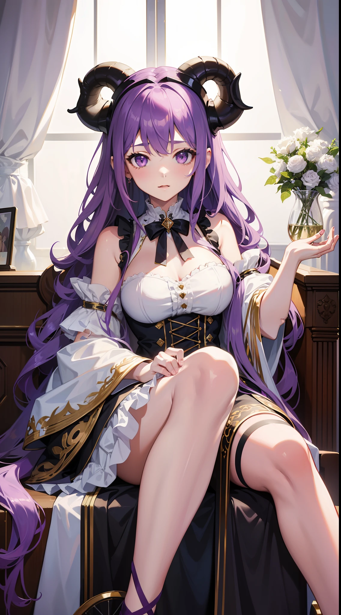 young girl, long curly lilac hair, purple eyes, sheep horns, princess dress, open breasts, sitting in a wheelchair, masterpiece, high quality, high detailed, HD, 4K