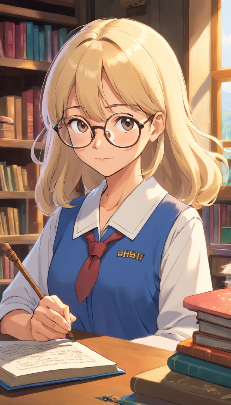 A woman who had a blond hair,aged 50 years old,a science teacher,kind face,looks like an Auntie,wearing a teacher outfit,handling a science book with a stick,and have a eye glasses.