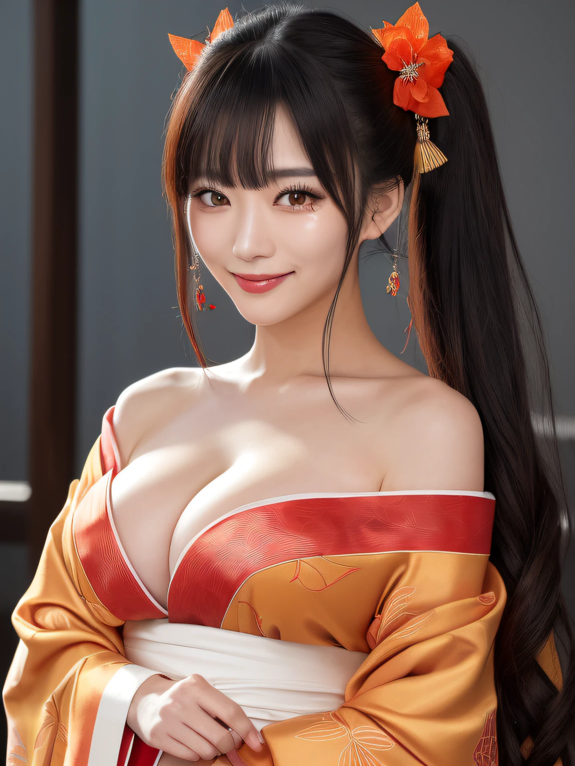 ((gorgeous Golden kimono)),((gorgeous orange kimono)),((gorgeous pink kimono)),((gorgeous red kimono)),((royal textured kimono)), (((smile:1.0, laugh:1.0))), 1girl, (korean:1.2), solo, makeup, highres, large breasts:1.4 , cleavage, looking at viewer, smile, bangs, bare shoulders, black hair,collarbone, crossed bangs, hair between eyes, hair ornament, hair ribbon, medium breasts, japanese clothes, long hair,mask, off shoulder, parted lips, red eyes, red kimono, red ribbon, ribbon, striped ribbon, taihou \(azur lane\), twintails, very long hair, wide sleeves,(shiny skin), sash, night, detailed background, Modern metropolis, chiaroscuro lighting, (fine face detail:1.3), (Fine Eyes detail: 1.2), (Clear Face), (Detailed Face Description), (Detailed Hand Description),