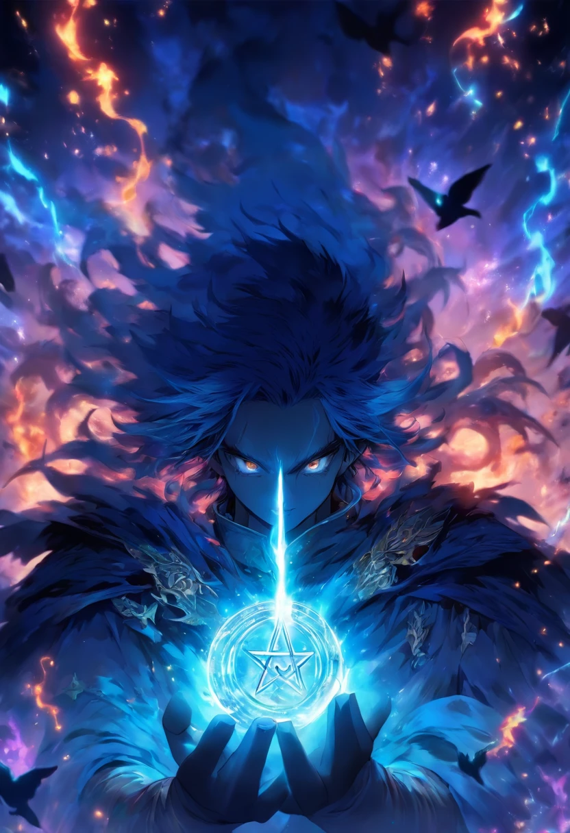 death,blood,night, dark, (Fantasy),Infinite,deep blue sky,The abyss of knowledge,knowledge,((masterpiece)), (((best quality))),((beautiful detailed eyes)),(eyelash),Monster,(1 boy),black hair,wavy hair,abyss eyes,Shiny skin,oil,(bird body,feather),Wearing Rags of cloth, Tzeentch,elf,extremely detailed CG unity 8k wallpaper,masterpiece, ((ultra-detailed)), ((illustration)),colorful,wallpaper,energy,Unknown terror,arcane,Around the magic,magic surrounds,magic rod,book,pages flying all over the sky,Know it all,Predicting the Future,Know the past,Infinite wisdom,blue flame,Warlock,Magical Circle,Pentagram,incantation,mantra,Singing magic,