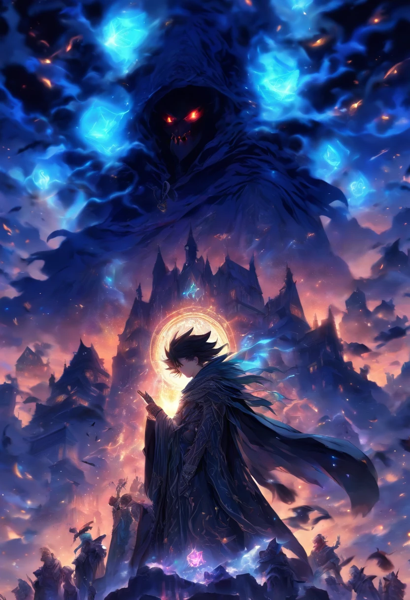death,blood,night, dark, (Fantasy),Infinite,deep blue sky,The abyss of knowledge,knowledge,((masterpiece)), (((best quality))),((beautiful detailed eyes)),(eyelash),Monster,(1 boy),black hair,wavy hair,abyss eyes,Shiny skin,oil,(bird body,feather),Wearing Rags of cloth, Tzeentch,elf,extremely detailed CG unity 8k wallpaper,masterpiece, ((ultra-detailed)), ((illustration)),colorful,wallpaper,energy,Unknown terror,arcane,Around the magic,magic surrounds,magic rod,book,pages flying all over the sky,Know it all,Predicting the Future,Know the past,Infinite wisdom,blue flame,Warlock,Magical Circle,Pentagram,incantation,mantra,Singing magic,