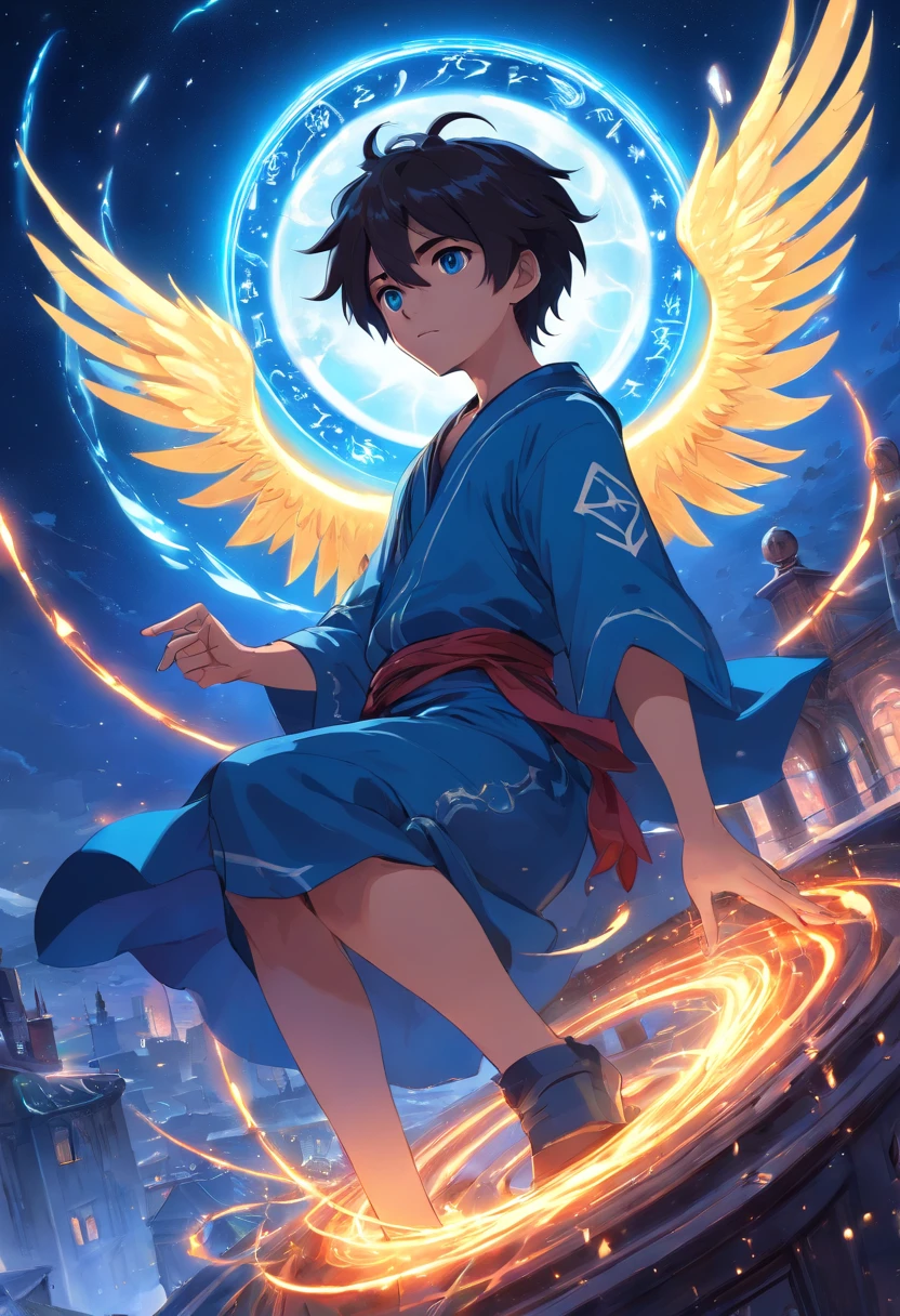 death,blood,night, dark, (Fantasy),Infinite,deep blue sky,The abyss of knowledge,knowledge,((masterpiece)), (((best quality))),((beautiful detailed eyes)),(eyelash),Monster,(1 boy),black hair,wavy hair,abyss eyes,Shiny skin,oil,(bird body,feather),Wearing Rags of cloth, Tzeentch,elf,extremely detailed CG unity 8k wallpaper,masterpiece, ((ultra-detailed)), ((illustration)),colorful,wallpaper,energy,Unknown terror,arcane,Around the magic,magic surrounds,magic rod,book,pages flying all over the sky,Know it all,Predicting the Future,Know the past,Infinite wisdom,blue flame,Warlock,Magical Circle,Pentagram,incantation,mantra,Singing magic,