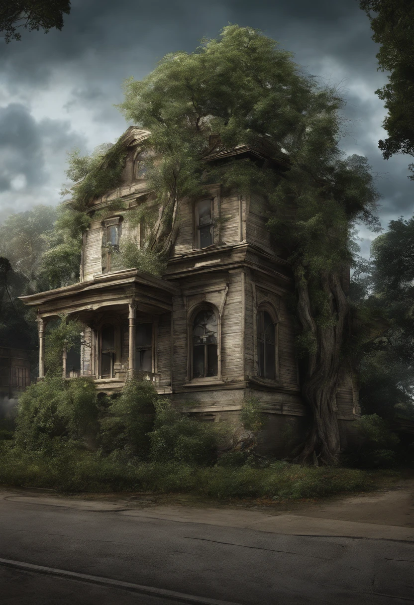 A large tree mysteriously depicts a building in a dimly lit house