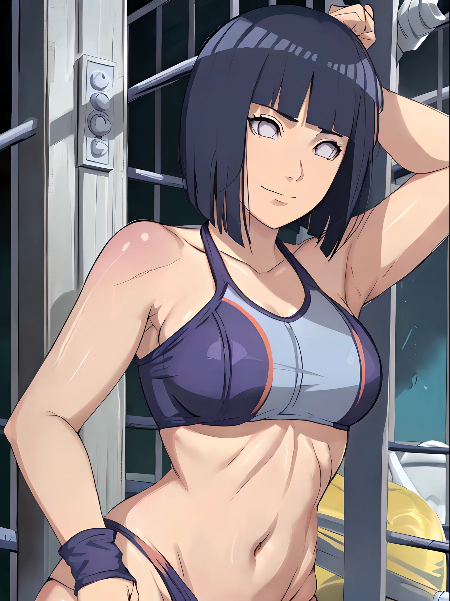 wrestling arena with audience, (totally naked, totally naked, nipples, pussy), ((thick arm, little biceps)), little biceps, flexing arm muscles, wrestling arena with audience, anime style, cute , beautiful , nice body, soft body, (hinata\(boruto\), (slender body), mature woman , big breasts, broad shoulders, off-shoulders, (totally naked, nipples, pussy ), smile, closed mouth, pale skin, , smile, (dark blue hair color:1.1), wavy hair, floating hair, ((very short hair, hime cut), big breasts, (perfect eyes, white sciera, bright eyes, white eyes, anime eyes)