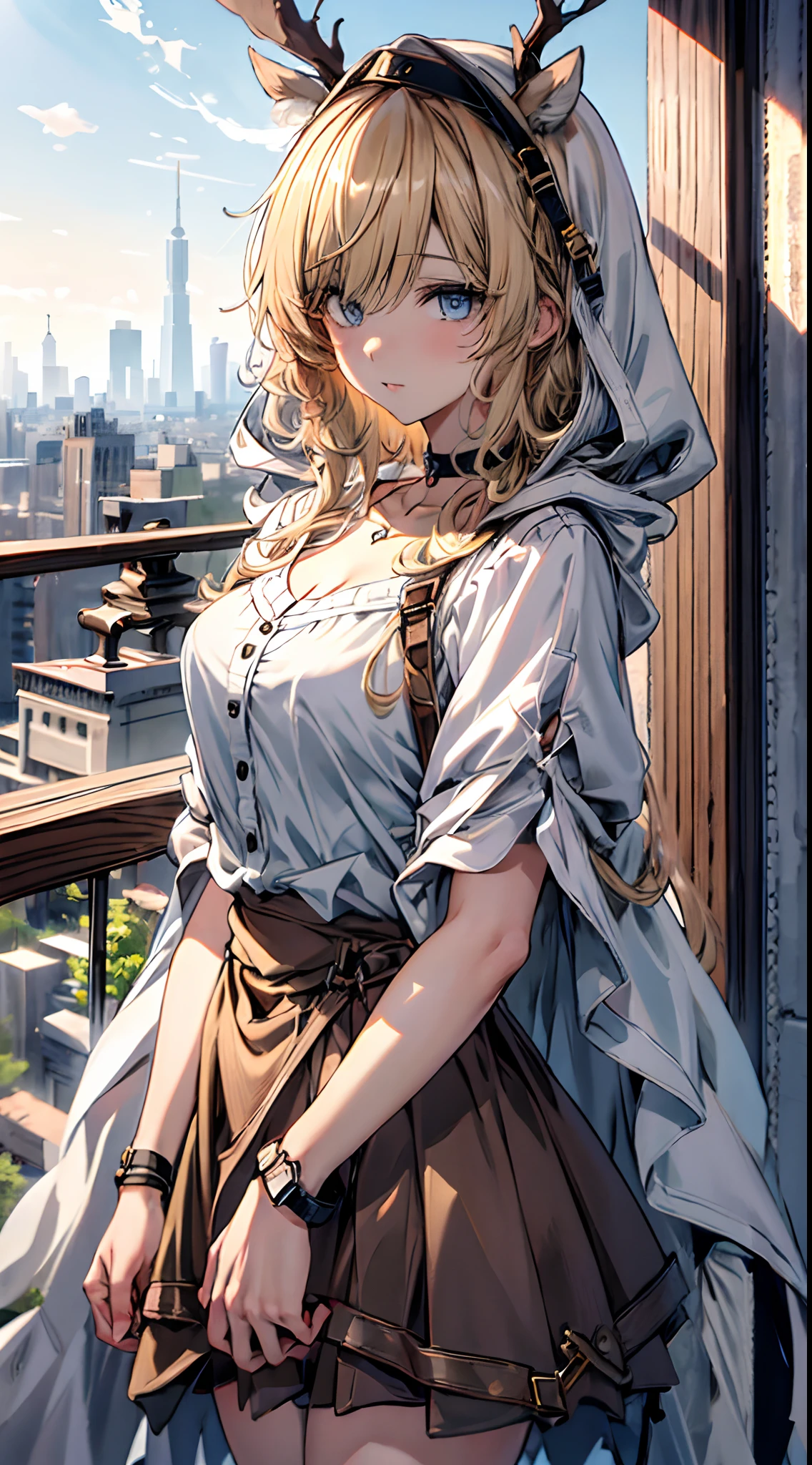 (((Masterpiece))),(incredibly_absurderes),(Best quality),(A high resolution),(Highly detailed),((CG unity 8k wallpaper)),Best quality at best,tmasterpiece,1girll,blond hairbl,messy hair,curly_Hair,The shirt,a skirt,kawai,JK,Red_bow,Wrist watch,choker necklace,view over city,Original photo of 8K,超高分辨率,highest details,复杂,8K,hdr,