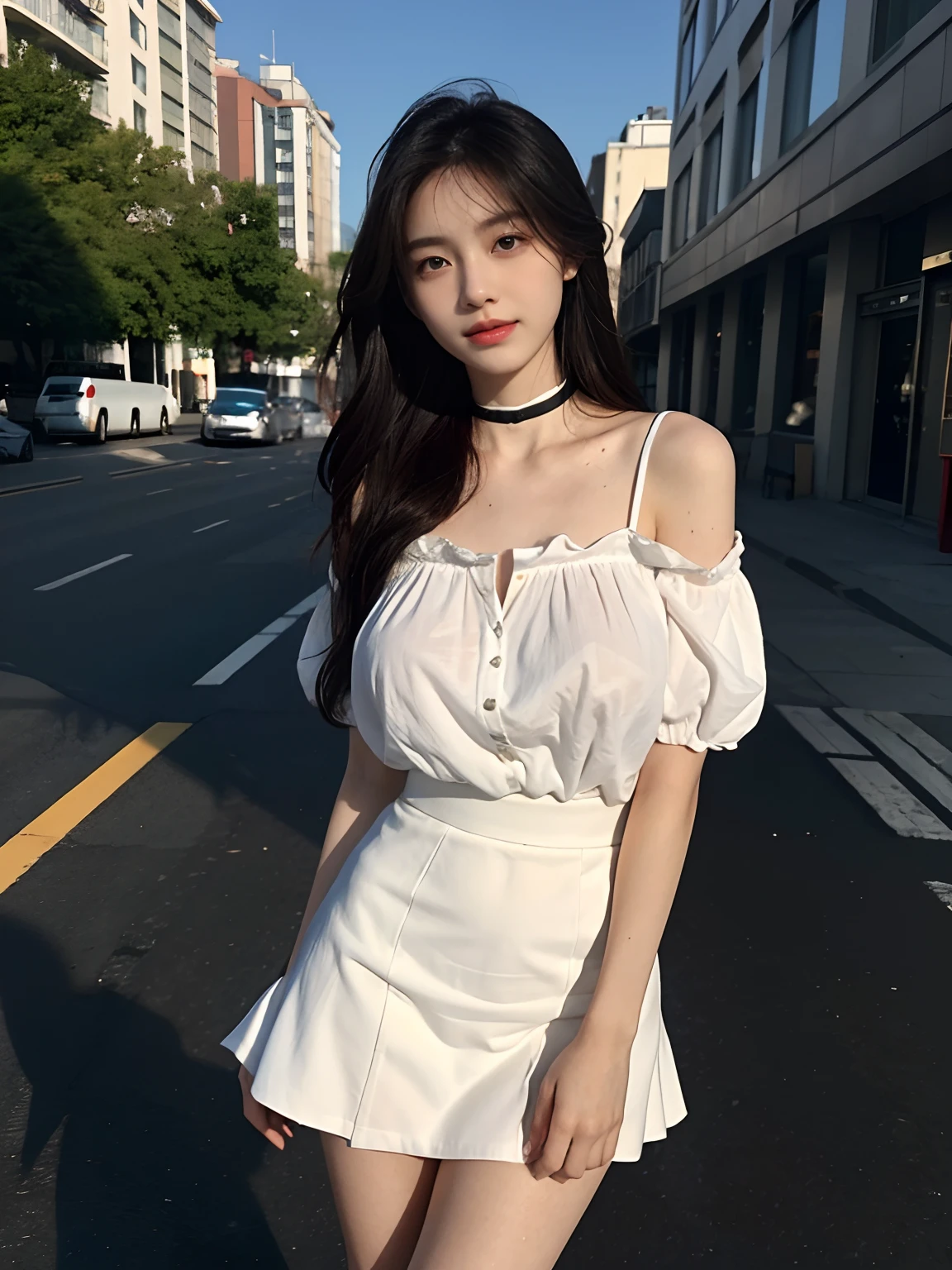 best qualtiy,tmasterpiece,超高分辨率,(真实感:1.4),RAW photogr,1girll,long whitr hair,Face Highlighting,Pure,Girly,Flushing,18yr old,18-year-old smiling female classmate,Pure,Innocent,(best qualtiy,8K,tmasterpiece:1.3),Goose egg face,largeeyes,long eyelasher,Exquisite(live-action realistic style),Star-like eyes,Ultimate face,Photorealistic light and shadow,Clear facial features,Milky white skin,Fair skin, highdetailskin, Realistic skin details, Visible Pore,(Super detail),(perfect bodies:1.1),long whitr hair,(dynamicposes),((Dynamic background((volumettic light:1.3)),black short skirt,huge tit,White color blouse,choker necklace,Street photography